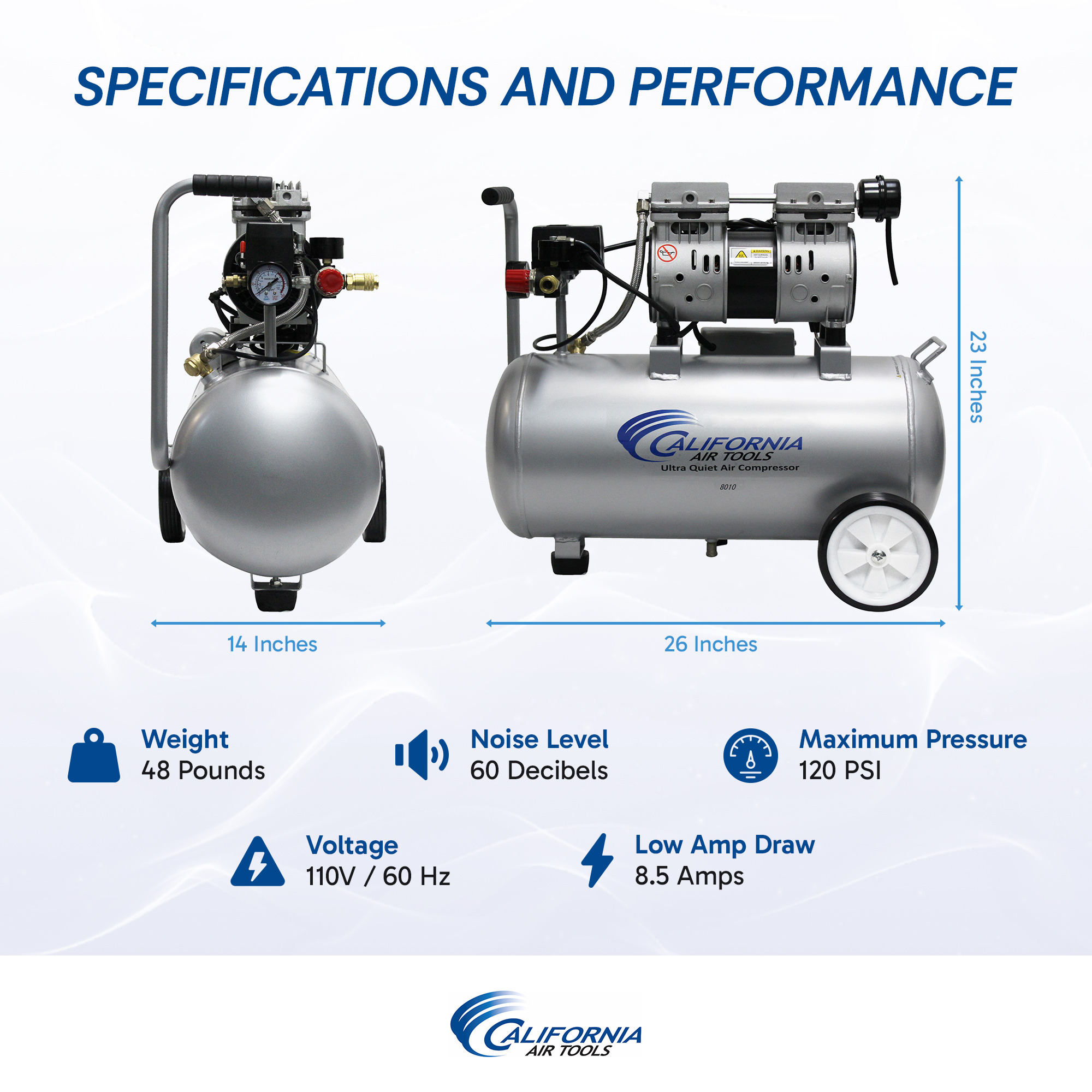 CALIFORNIA AIR TOOLS 8010 Ultra Quiet 1.0 Hp, Oil-Free, Lightweight 8-Gallon Air Compressor