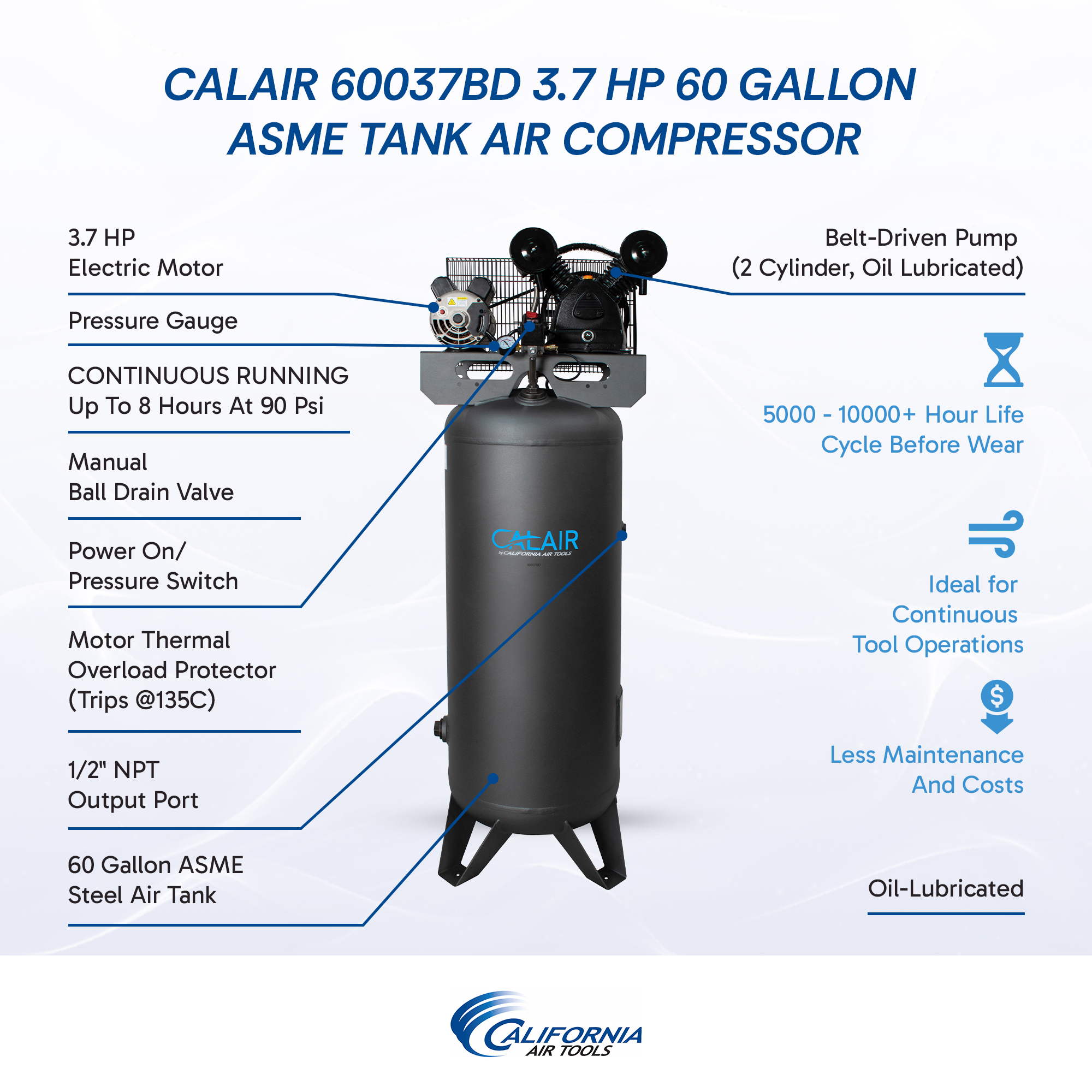 California Air Tools CALAIR 60037BD 60 Gal 3.7 hp One-Stage Oil-Lubricated Belt Driven Air Compressor 2