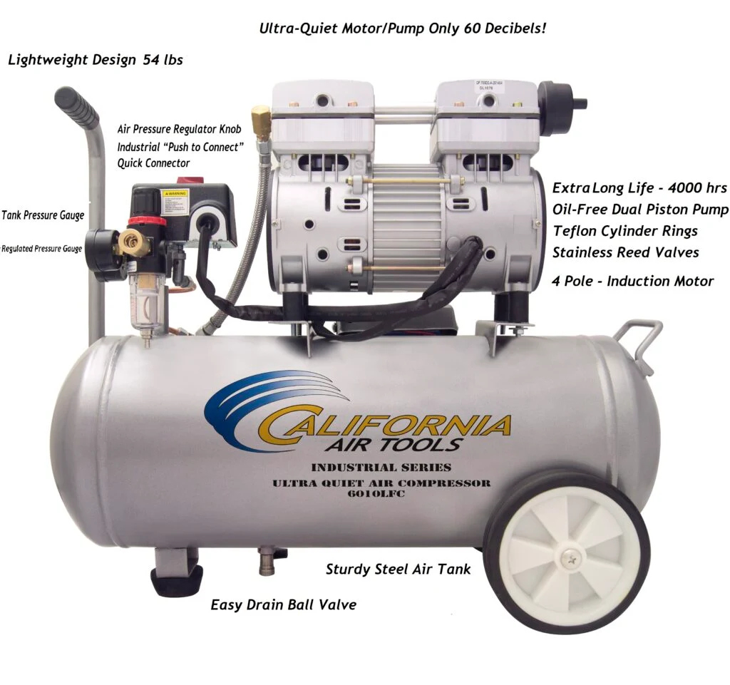 CALIFORNIA AIR TOOLS 6010LFC Ultra Quiet 1.0 Hp, Oil-Free, Lightweight 6-Gallon Air Compressor (Industrial Series)