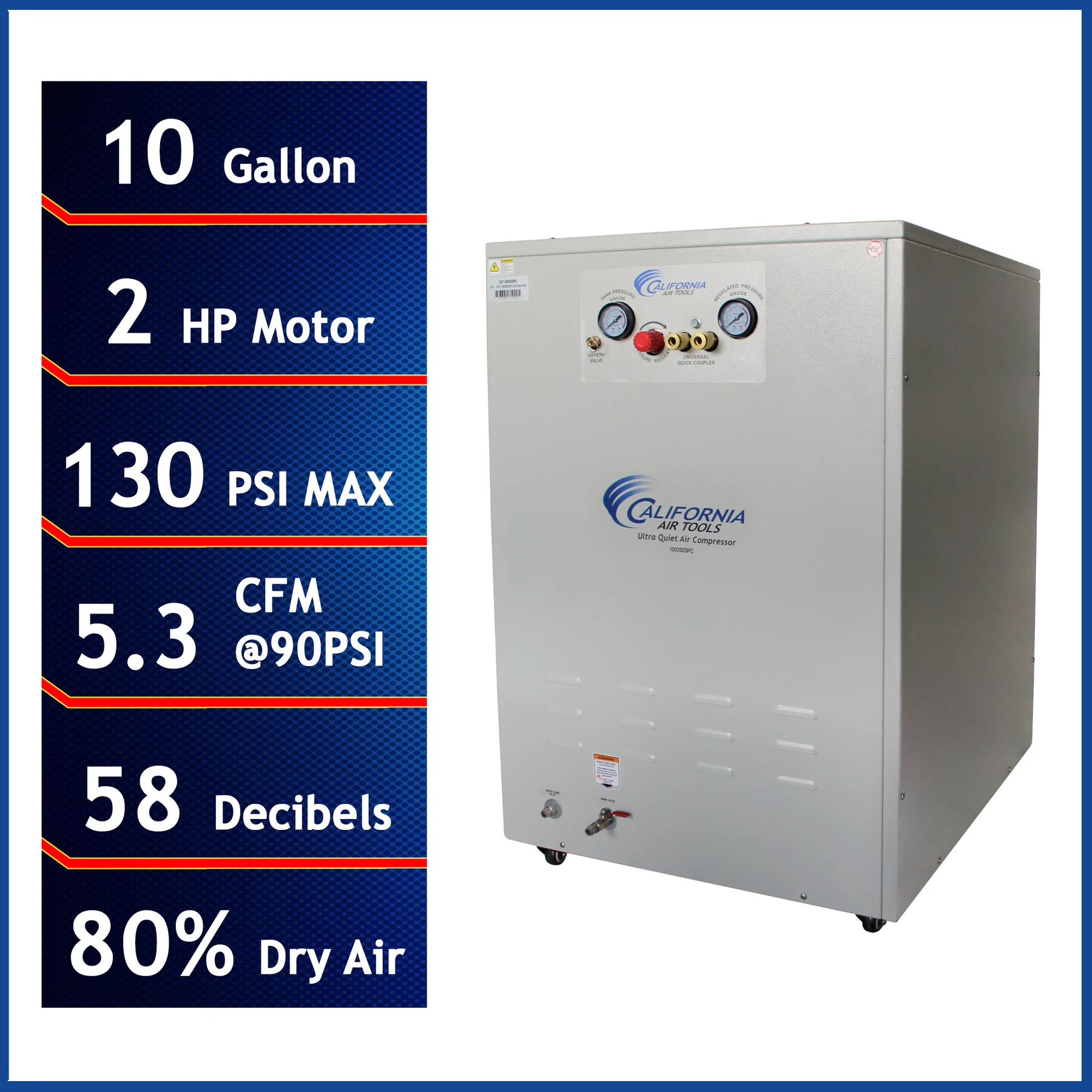CALIFORNIA AIR TOOLS 10020DSPC Powerful 2.0 Hp Ultra Quiet & Oil-Free 10 Gallon Air Compressor with 80% Air Dryer and Aftercooler in a Sound Proof Cabinet