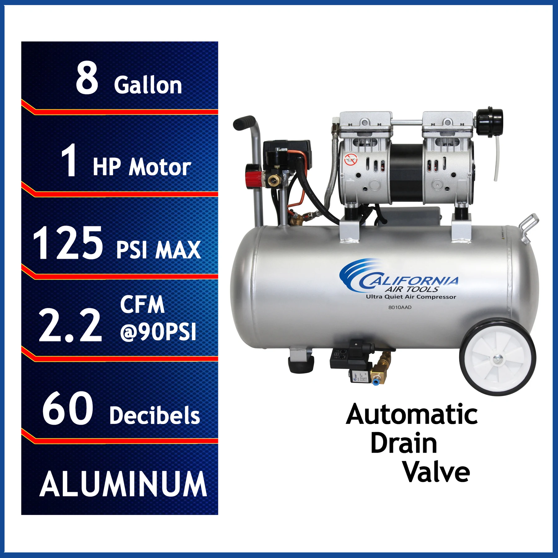 CALIFORNIA AIR TOOLS 8010AAD Ultra Quiet, Oil-Free, Lightweight 8-Gallon Aluminum Tank 1.0 Hp Air Compressor with Automatic Drain Valve