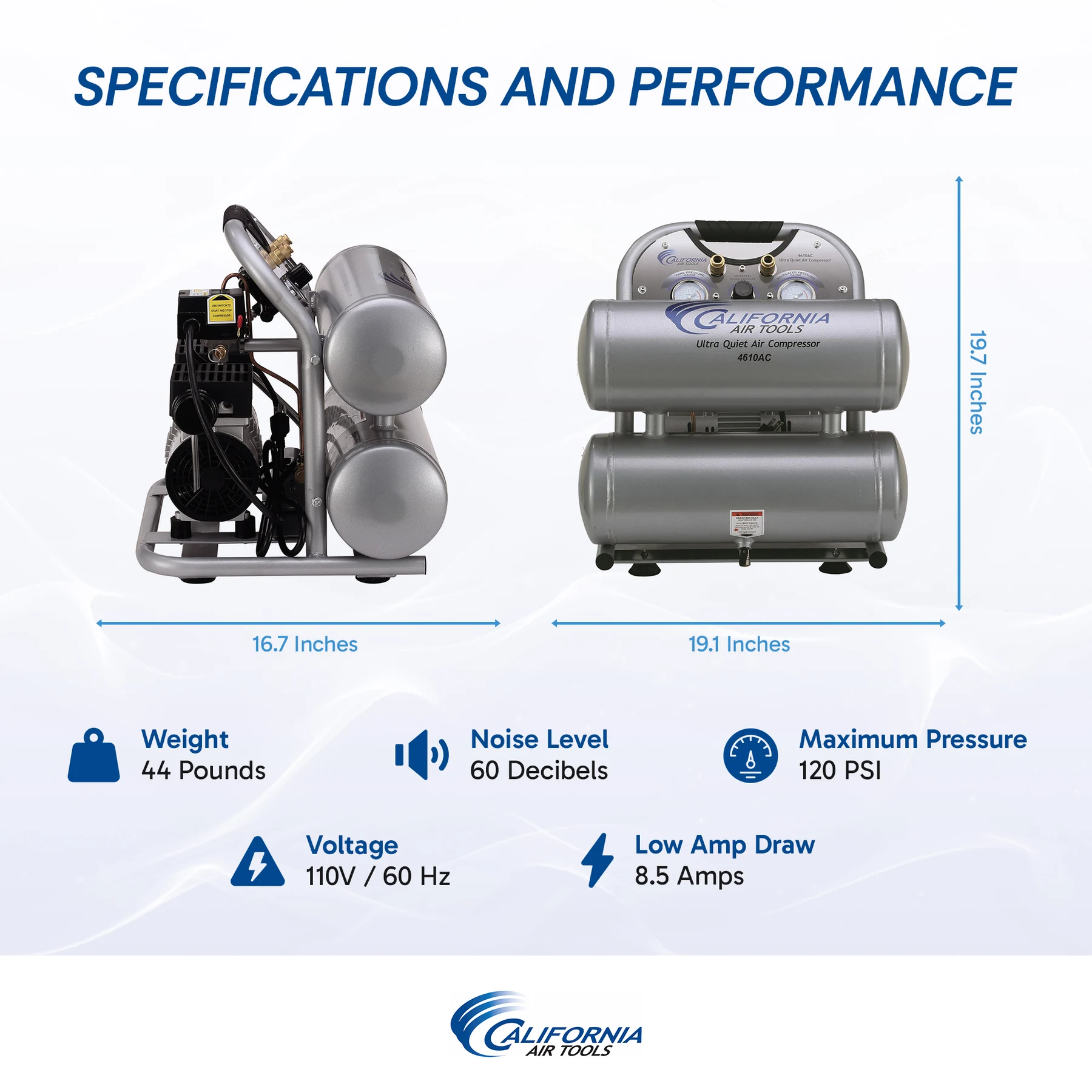 CALIFORNIA AIR TOOLS 4610AC Ultra Quiet 1.0 Hp, Oil-Free, Lightweight Aluminum 4.6 Gallon Air Compressor 14