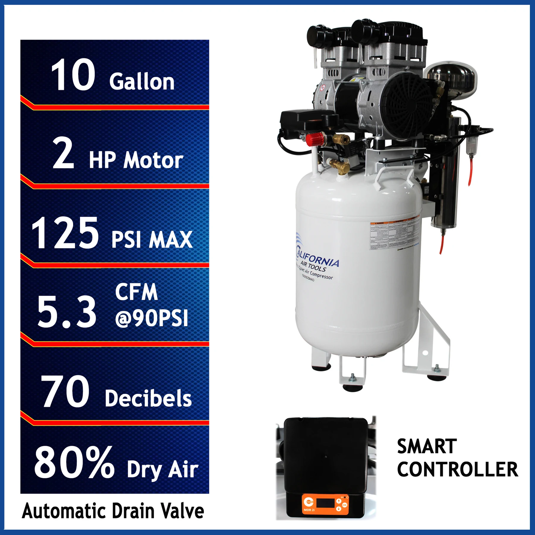 CALIFORNIA AIR TOOLS 10020DSMAD Powerful 2.0 Hp SMART Ultra Quiet & Oil-Free 10 Gallon Air Compressor with 80% Air Dryer and Automatic Drain Valve
