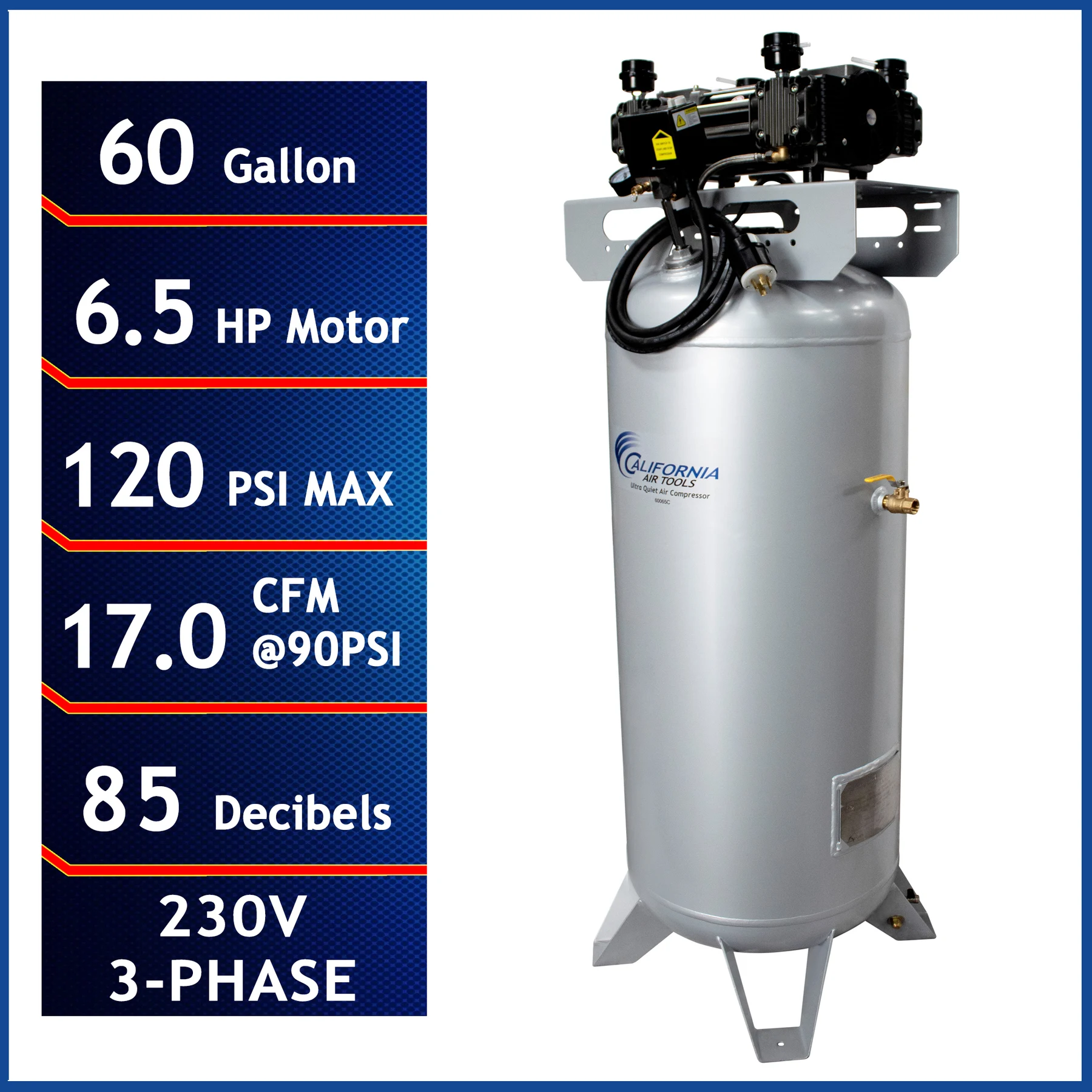 CALIFORNIA AIR TOOLS 60065C Powerful 6.5 Hp Ultra Quiet & Oil-Free 60 Gallon ASME Air Compressor