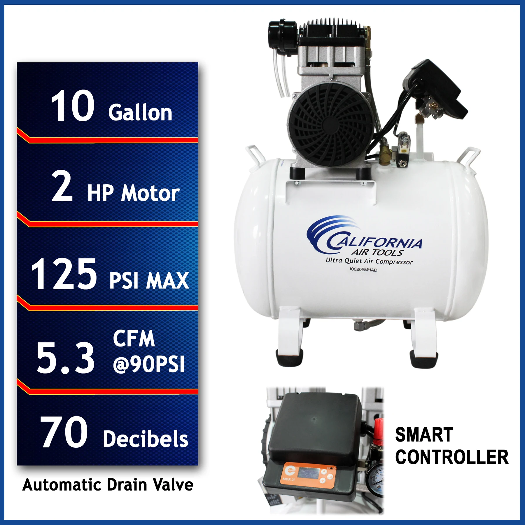 CALIFORNIA AIR TOOLS 10020SMHAD Powerful 2.0 Hp SMART Ultra Quiet & Oil-Free 10 Gallon Air Compressor with Automatic Drain Valve