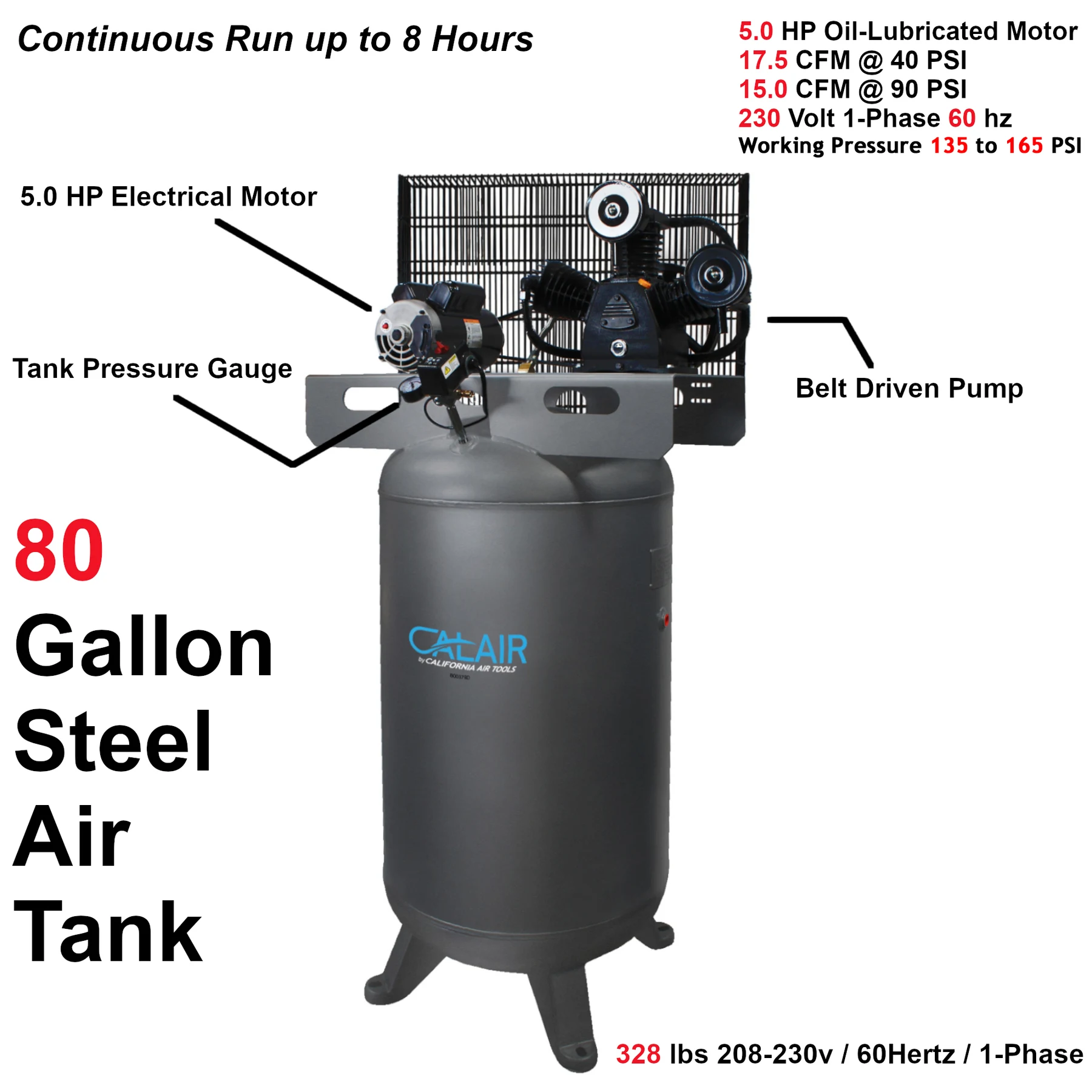 California Air Tools CALAIR 80050BD 80 Gal 5.0 hp One-Stage Oil-Lubricated Belt Driven Air Compressor 4