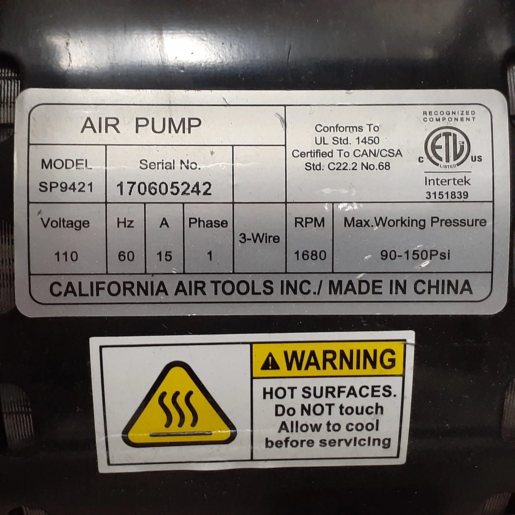 CALIFORNIA AIR TOOLS SP-9421 (110v 60hz) 2.0 Hp Ultra Quiet & Oil-Free Pump/Motor 12