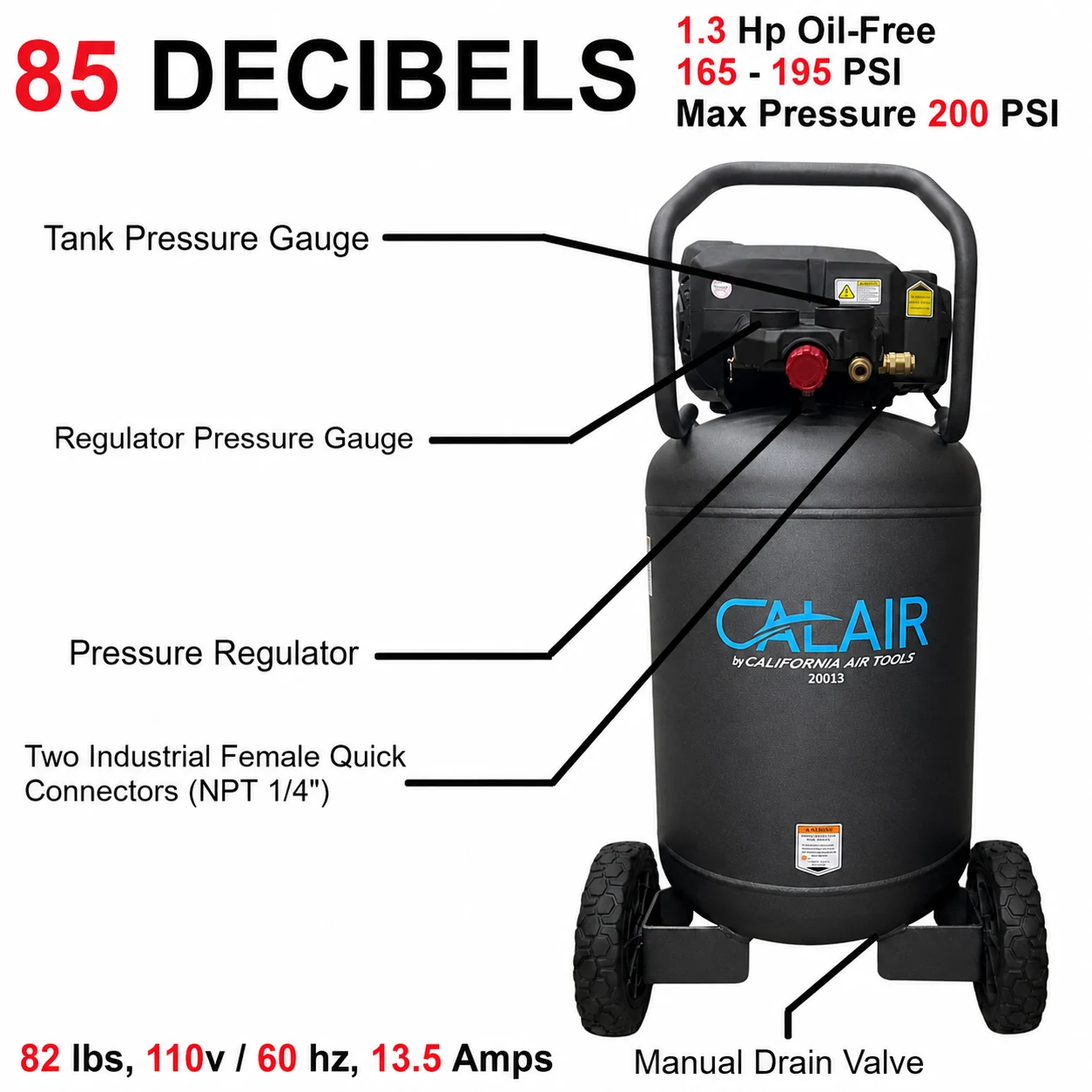 California Air Tools CALAIR-20013 High Pressure 20 Gallon 1.3 Hp Air Compressor 4