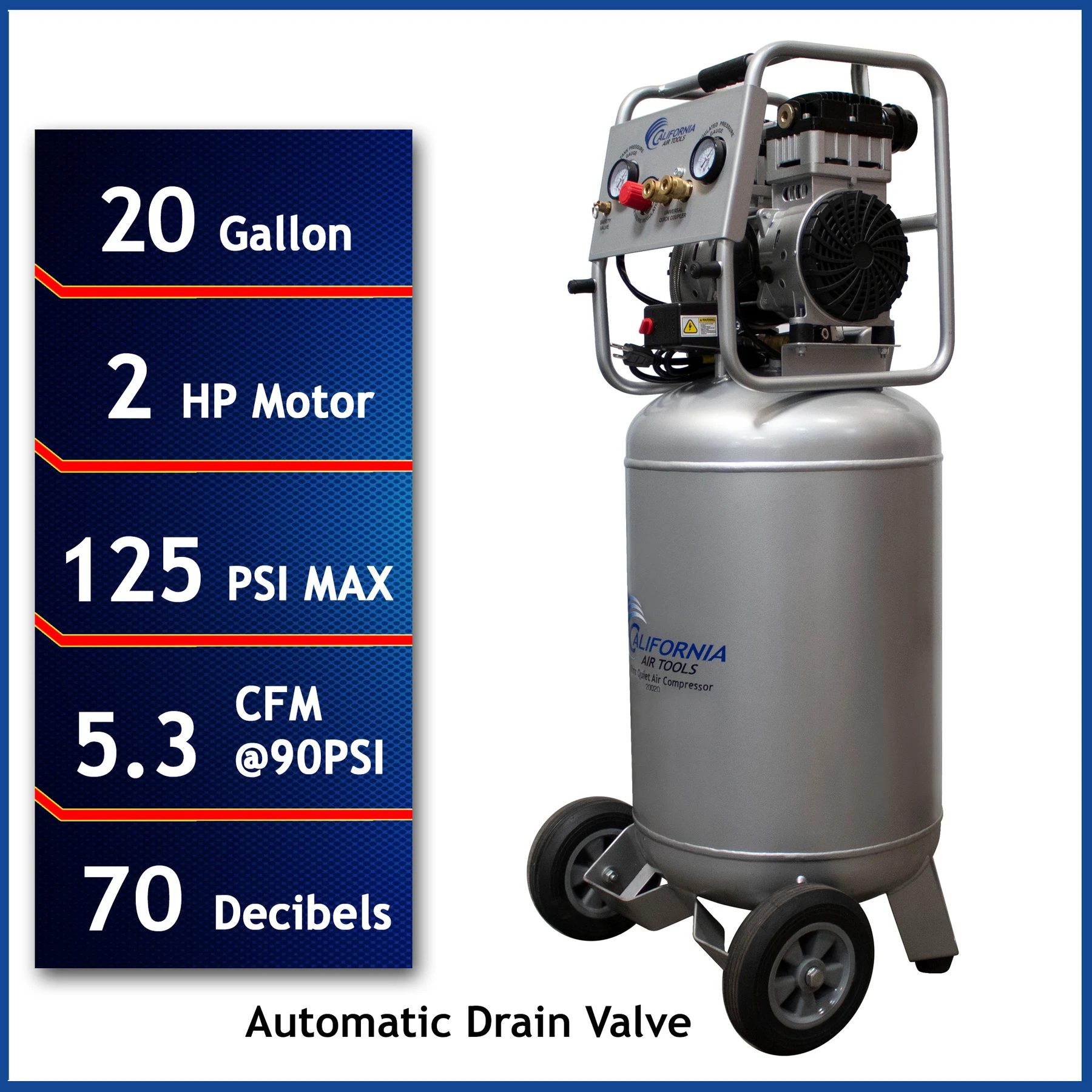 CALIFORNIA AIR TOOLS 20020AD Ultra Quiet, Oil-Free and Powerful 2.0 Hp Portable 20-Gallon Air Compressor