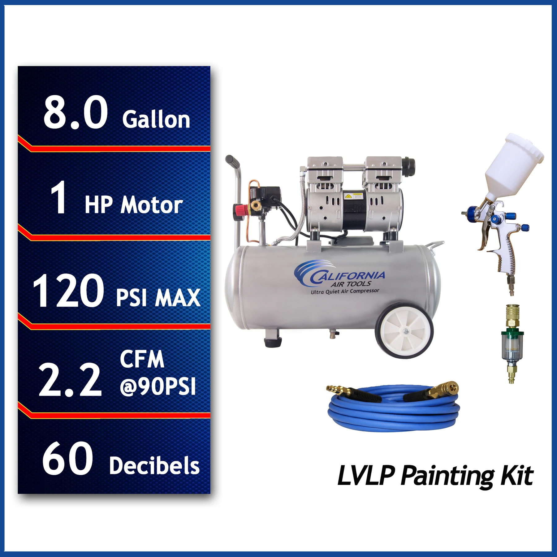 California Air Tools Ultra Quiet 8010 PK Air Compressor, 1.0 Hp 8-Gallon & LVLP Spray Painting Kit