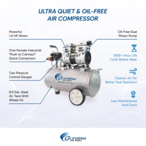 CALIFORNIA AIR TOOLS 8010AAD Ultra Quiet, Oil-Free, Lightweight 8-Gallon Aluminum Tank 1.0 Hp Air Compressor with Automatic Drain Valve
