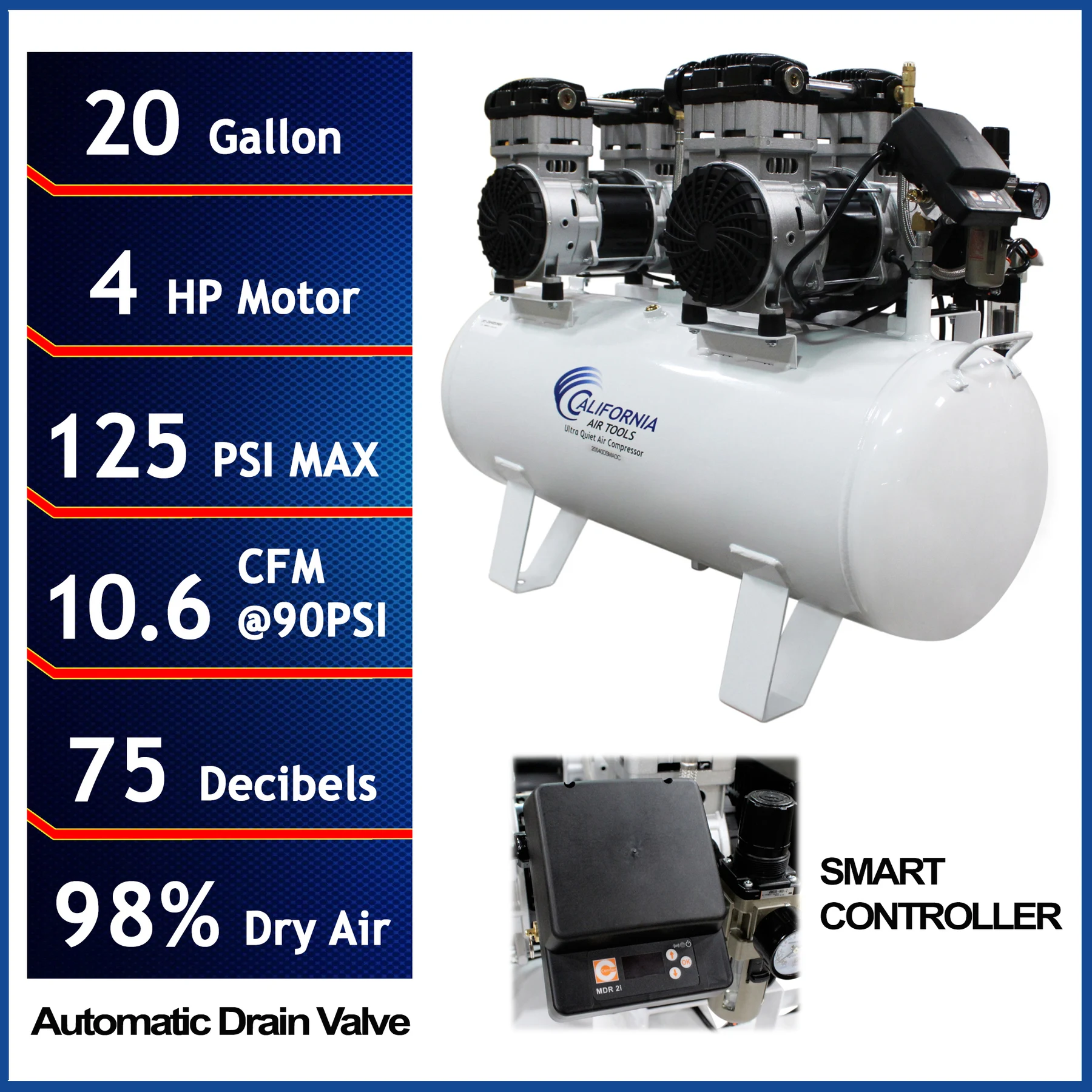 CALIFORNIA AIR TOOLS 20040DSMADC Powerful 4.0 Hp SMART Ultra Quiet & Oil-Free 20 Gallon Air Compressor with 98% Air Dryer and Automatic Drain Valve