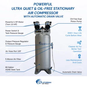 CALIFORNIA AIR TOOLS 60040CAD Powerful 4.0 Hp Ultra Quiet & Oil-Free 60 Gallon ASME Stationary Air Compressor with Automatic Drain Valve