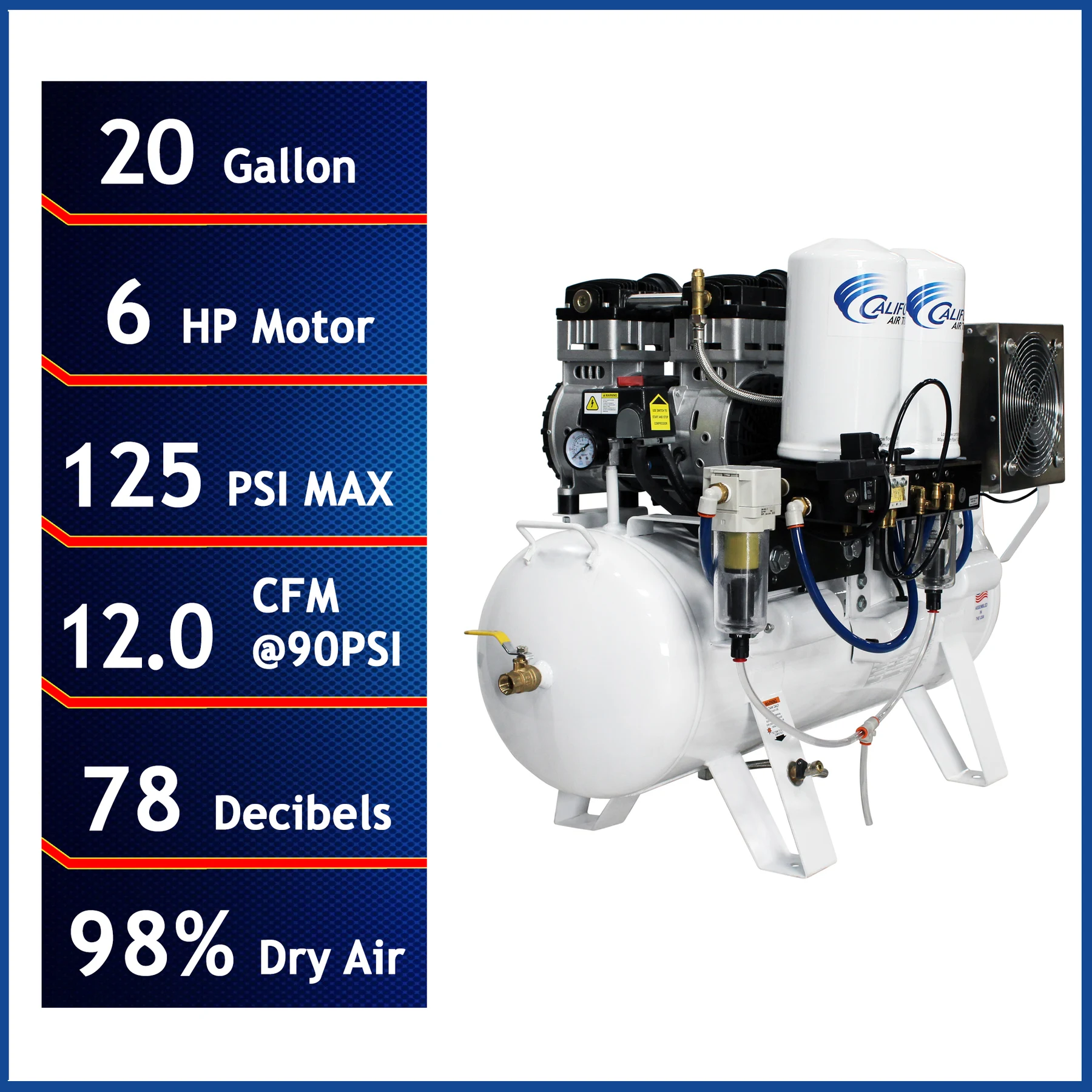 CALIFORNIA AIR TOOLS 20060DCC Powerful 6.0 Hp Ultra Quiet, Ultra Dry & Oil-Free 20-Gallon Air Compressor with 98% Air Drying System