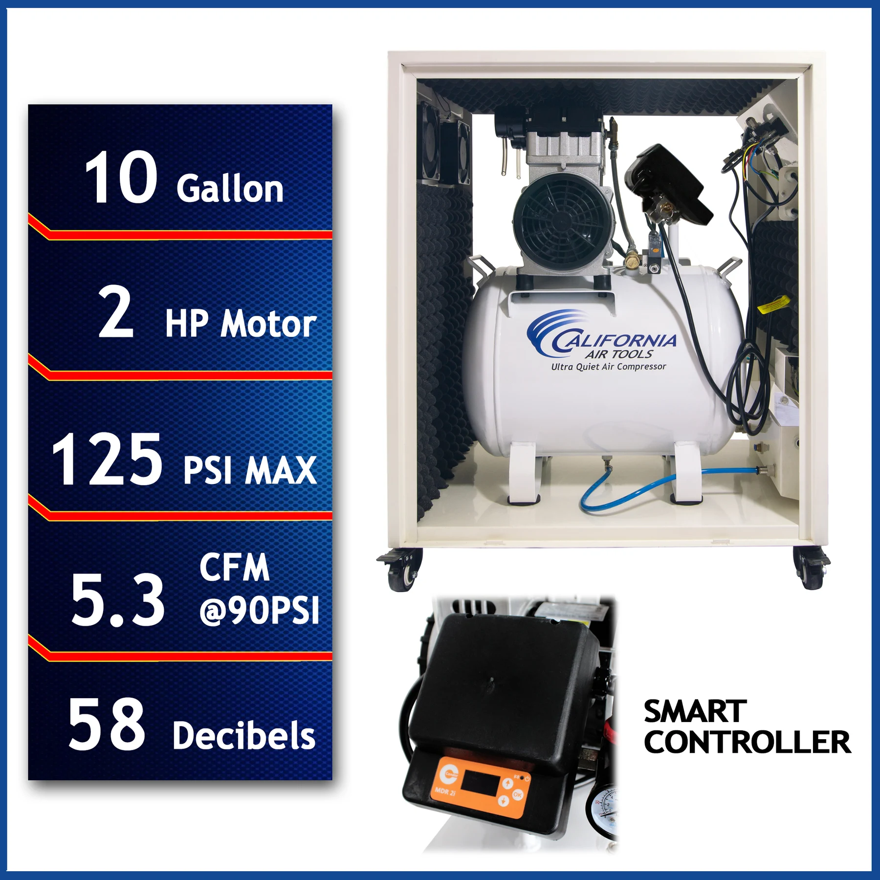 CALIFORNIA AIR TOOLS 10020SMSPC 2.0 Hp SMART Ultra-Quiet & Oil-Free 10 Gallon Air Compressor in Sound Proof Cabinet