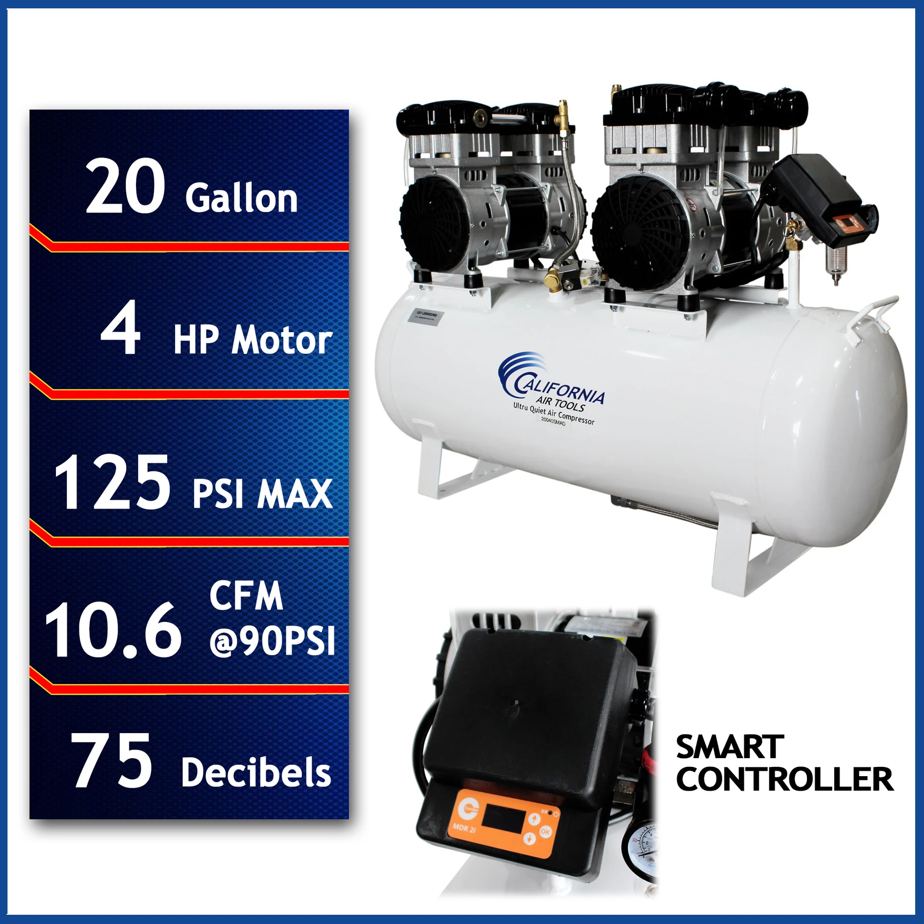 CALIFORNIA AIR TOOLS 20040SM Powerful 4.0 Hp SMART Ultra Quiet & Oil-Free 20 Gallon Air Compressor