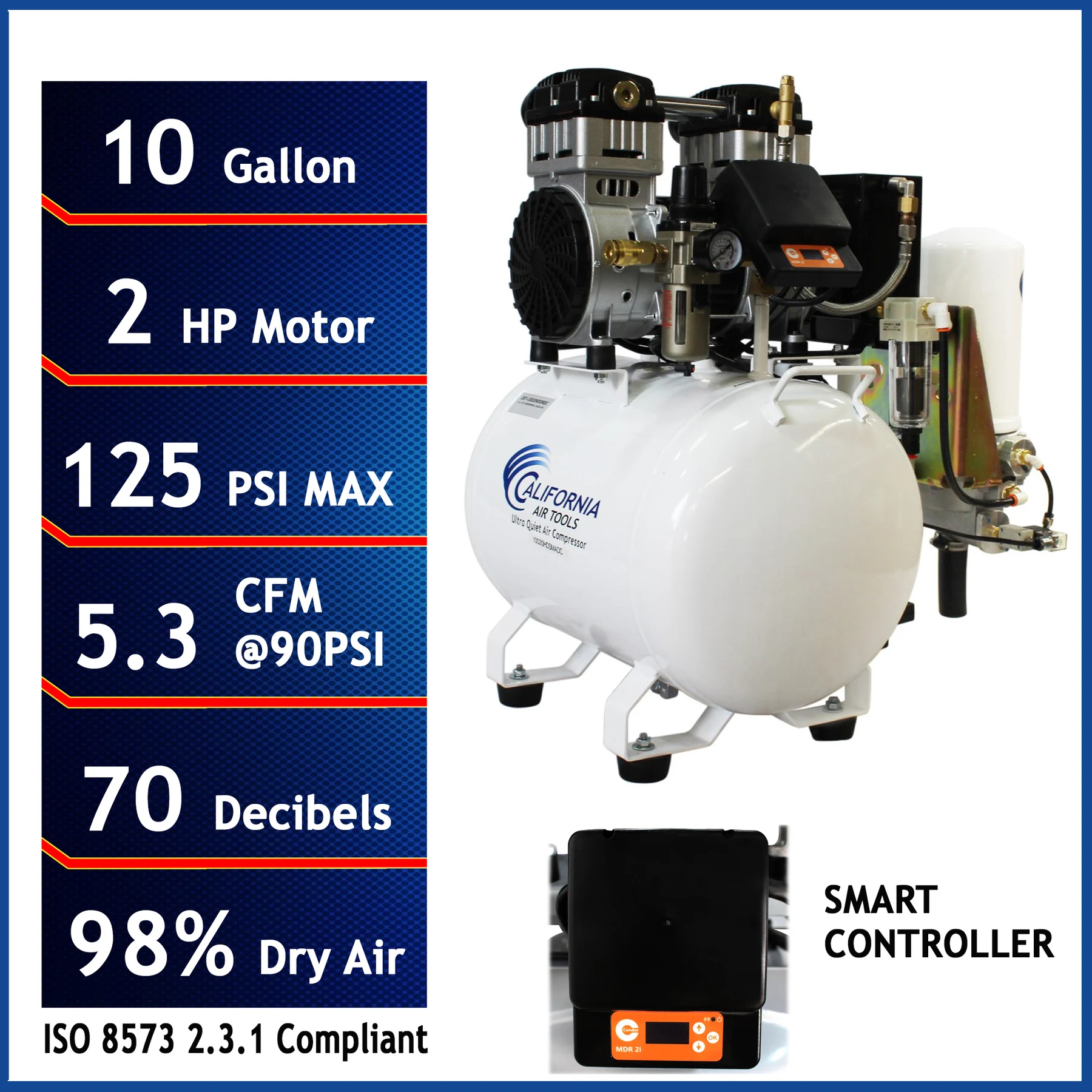 CALIFORNIA AIR TOOLS 10020HDSMADC Powerful 2.0 Hp SMART Ultra Quiet & Oil-Free 10 Gallon Air Compressor with 98% Air Dryer and Automatic Drain Valve