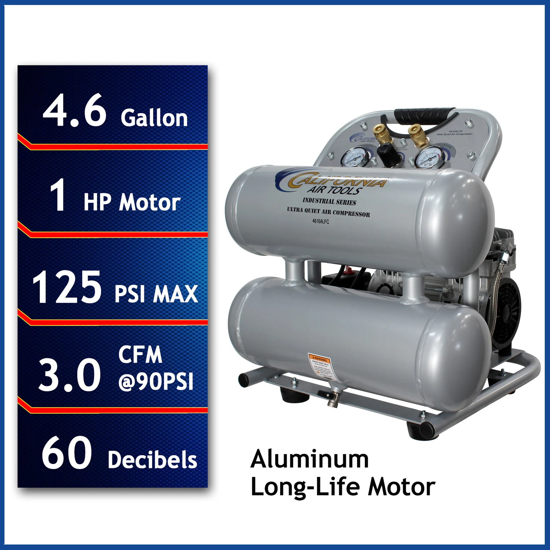 CALIFORNIA AIR TOOLS 4610ALFC Ultra Quiet 1.0 Hp, Oil-Free, Lightweight 4.6 Gallon Air Compressor (Industrial Series)
