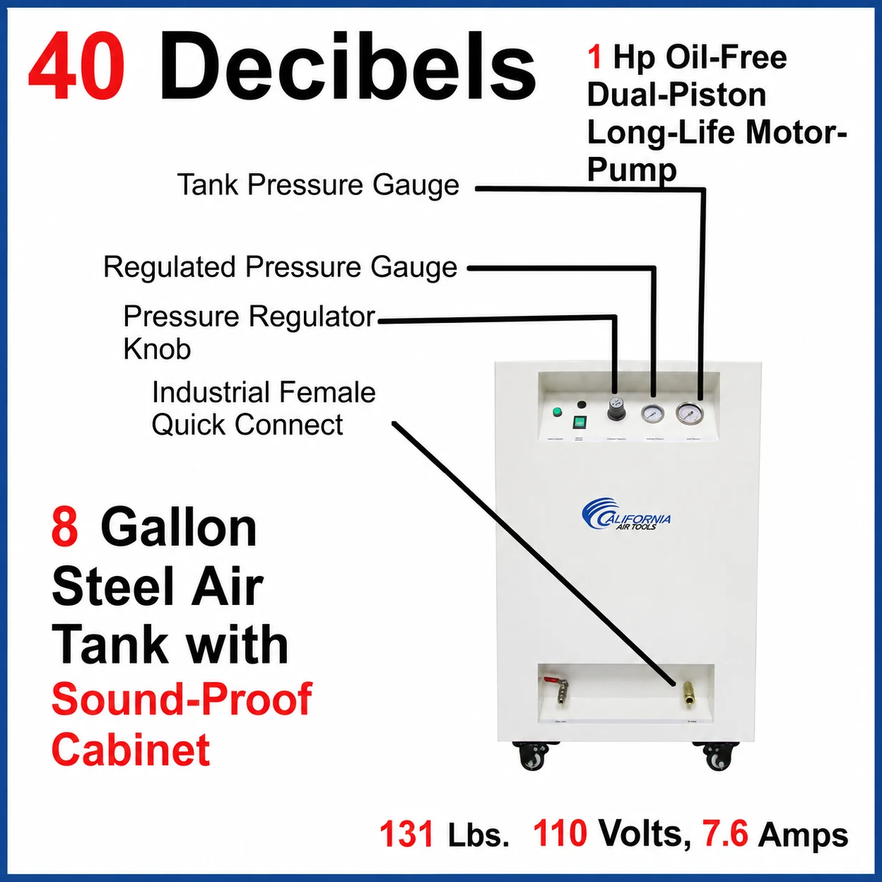 CALIFORNIA AIR TOOLS 8010SPC 1.0 Hp Ultra Quiet & Oil-Free Air Compressor with Sound Proof Cabinet 10