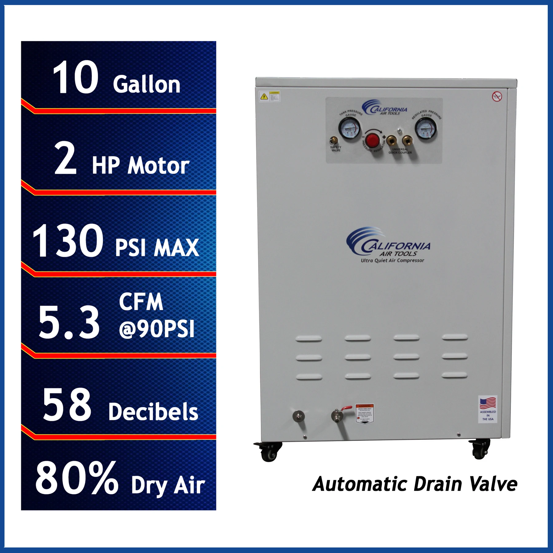 CALIFORNIA AIR TOOLS 10020DSPCAD 10-Gallon 2.0 Hp Ultra Quiet Oil-Free Air Compressor with 80% Air Dryer and Auto Drain in Sound Proof Cabinet