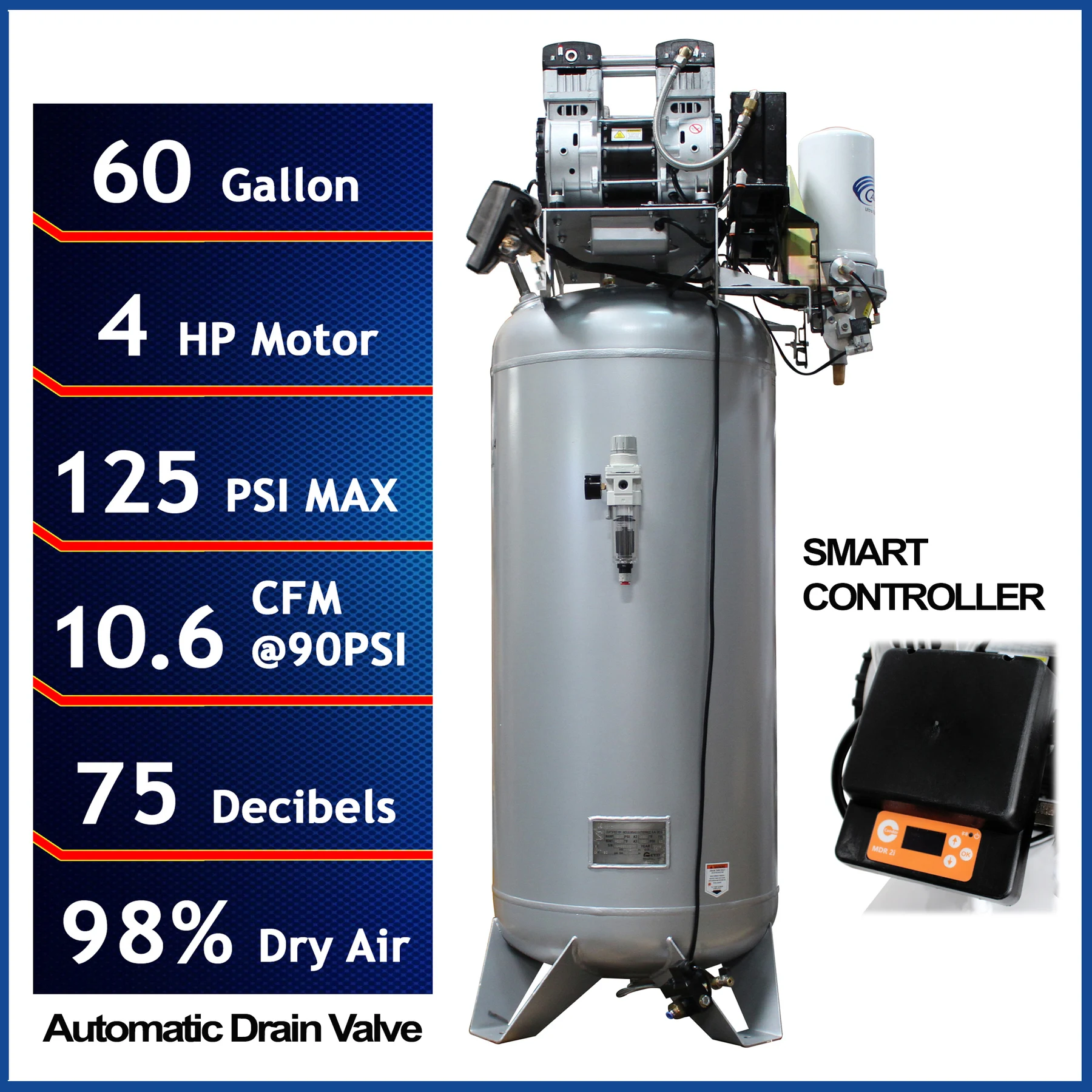 CALIFORNIA AIR TOOLS 60040DSMADC Powerful 4.0 Hp SMART Ultra Quiet & Oil-Free 60 Gallon Air Compressor with 98% Air Dryer and Automatic Drain Valve