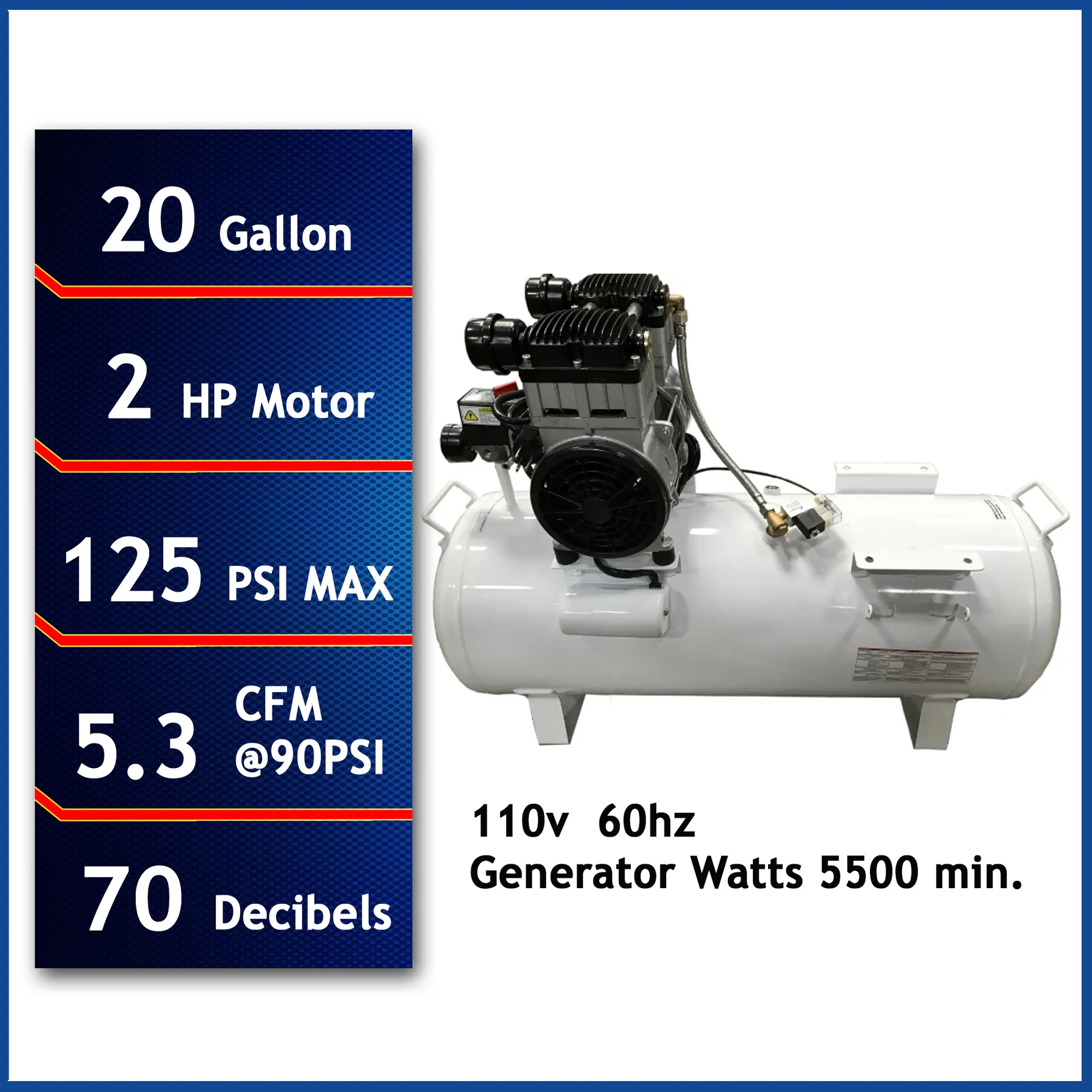 CALIFORNIA AIR TOOLS 20020CTR Ultra Quiet 70 dB, Powerful 2.0 Hp 20-Gallon Horizontal Oil-Free Air Compressor (110v 60hz)