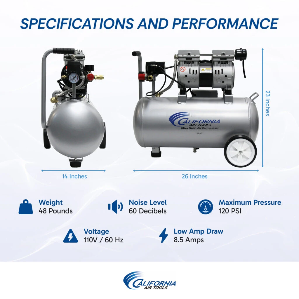 CALIFORNIA AIR TOOLS 8010 Ultra Quiet 1.0 Hp, Oil-Free, Lightweight 8-Gallon Air Compressor