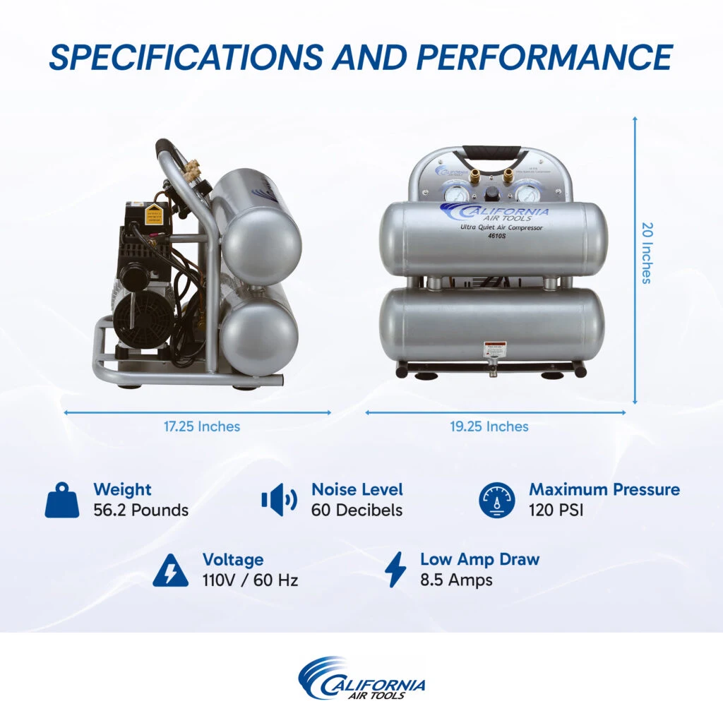 CALIFORNIA AIR TOOLS 4610AC Ultra Quiet 1.0 Hp, Oil-Free, Lightweight Aluminum 4.6 Gallon Air Compressor