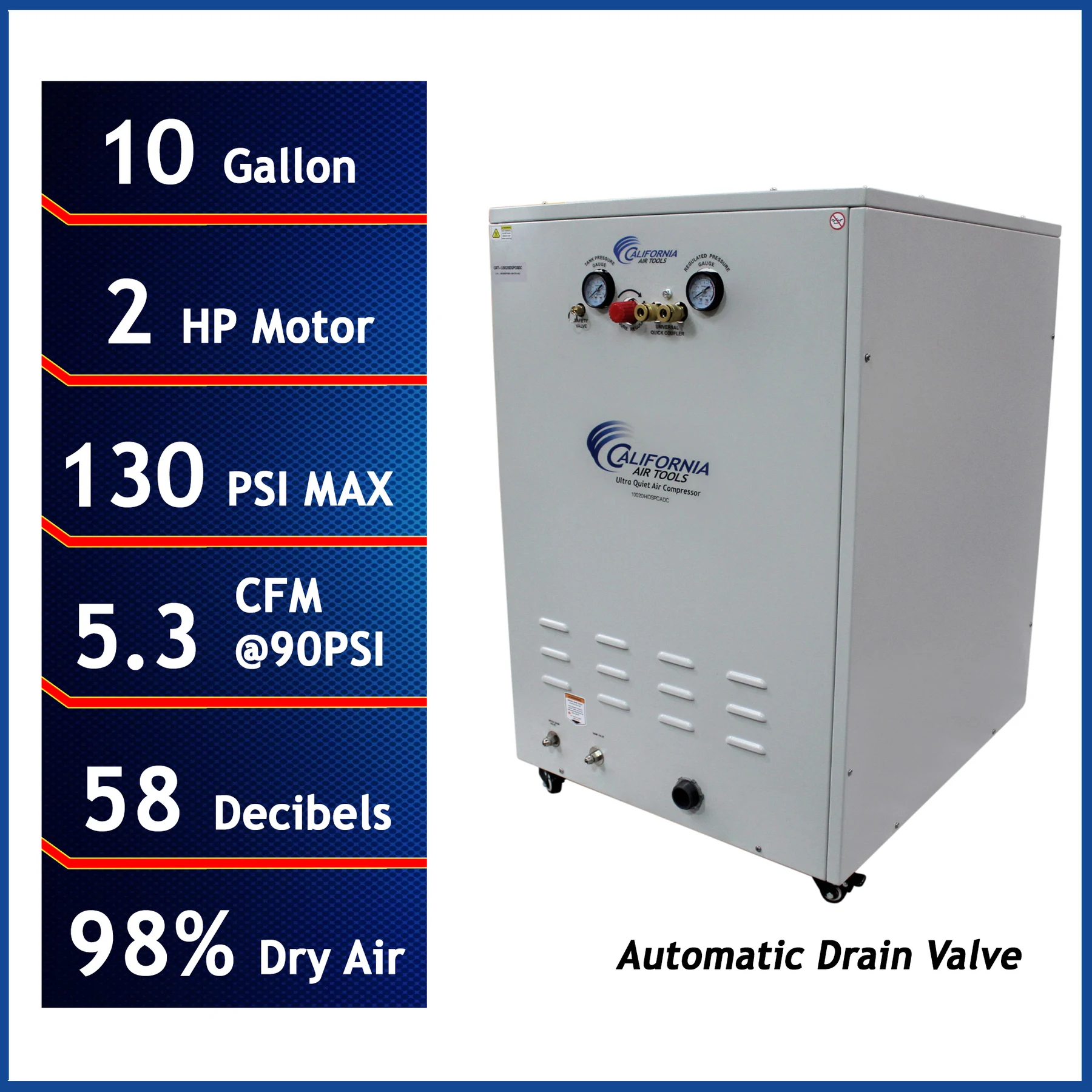 CALIFORNIA AIR TOOLS 10020HDSPCADC Powerful 2.0 Hp Ultra Quiet, Ultra Dry & Oil-Free 10 Gallon Air Compressor in Sound Proof Cabinet with 98% Air Drying System and Automatic Drain Valve