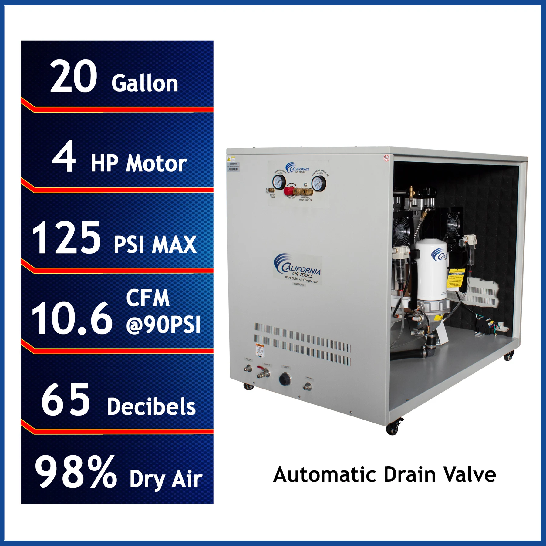 CALIFORNIA AIR TOOLS 20040DSPCADC Powerful 4.0 Hp Ultra Quiet & Oil-Free Air Compressor with 98% Air Drying System and Automatic Drain in a Soundproof Cabinet