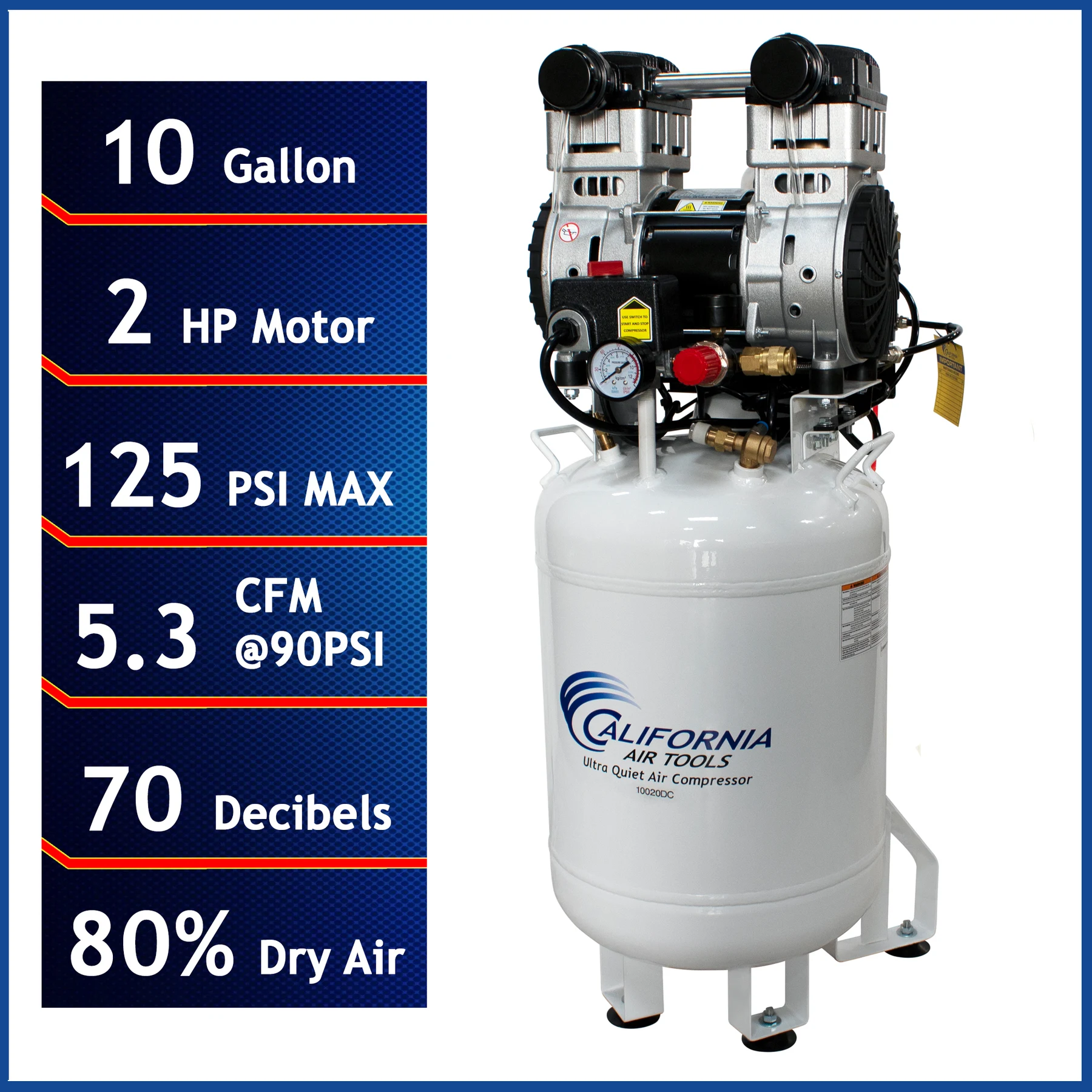 CALIFORNIA AIR TOOLS 10020DC 2.0 Hp Ultra Quiet Oil-Free 10 Gallon Air Compressor with 80% Air Dryer 110v 60hz