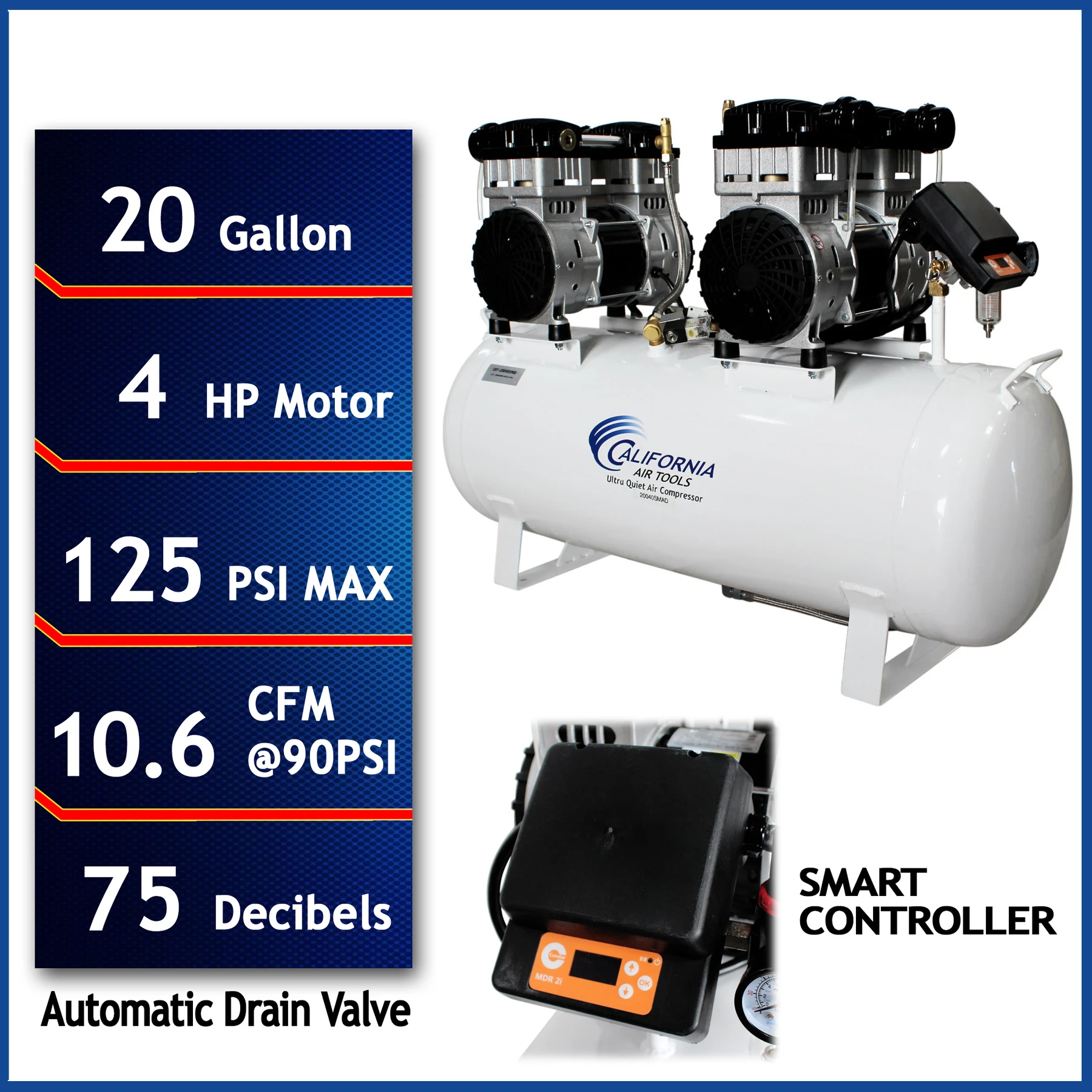 CALIFORNIA AIR TOOLS 20040SMAD Powerful 4.0 Hp SMART Ultra Quiet & Oil-Free 20 Gallon Air Compressor with Automatic Drain Valve