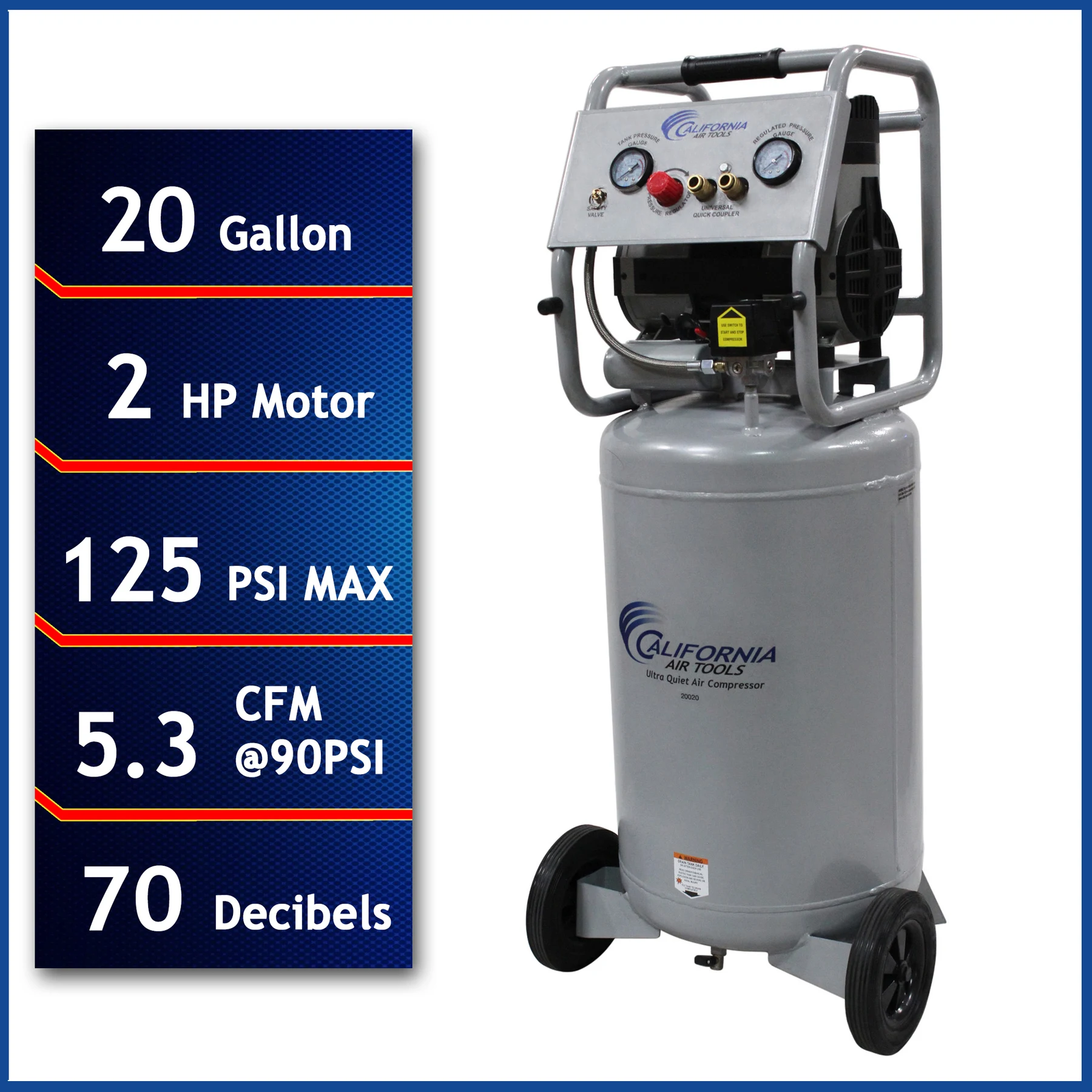 CALIFORNIA AIR TOOLS 20020 Ultra Quiet, Oil-Free and Powerful 2.0 Hp Portable 20-Gallon Air Compressor