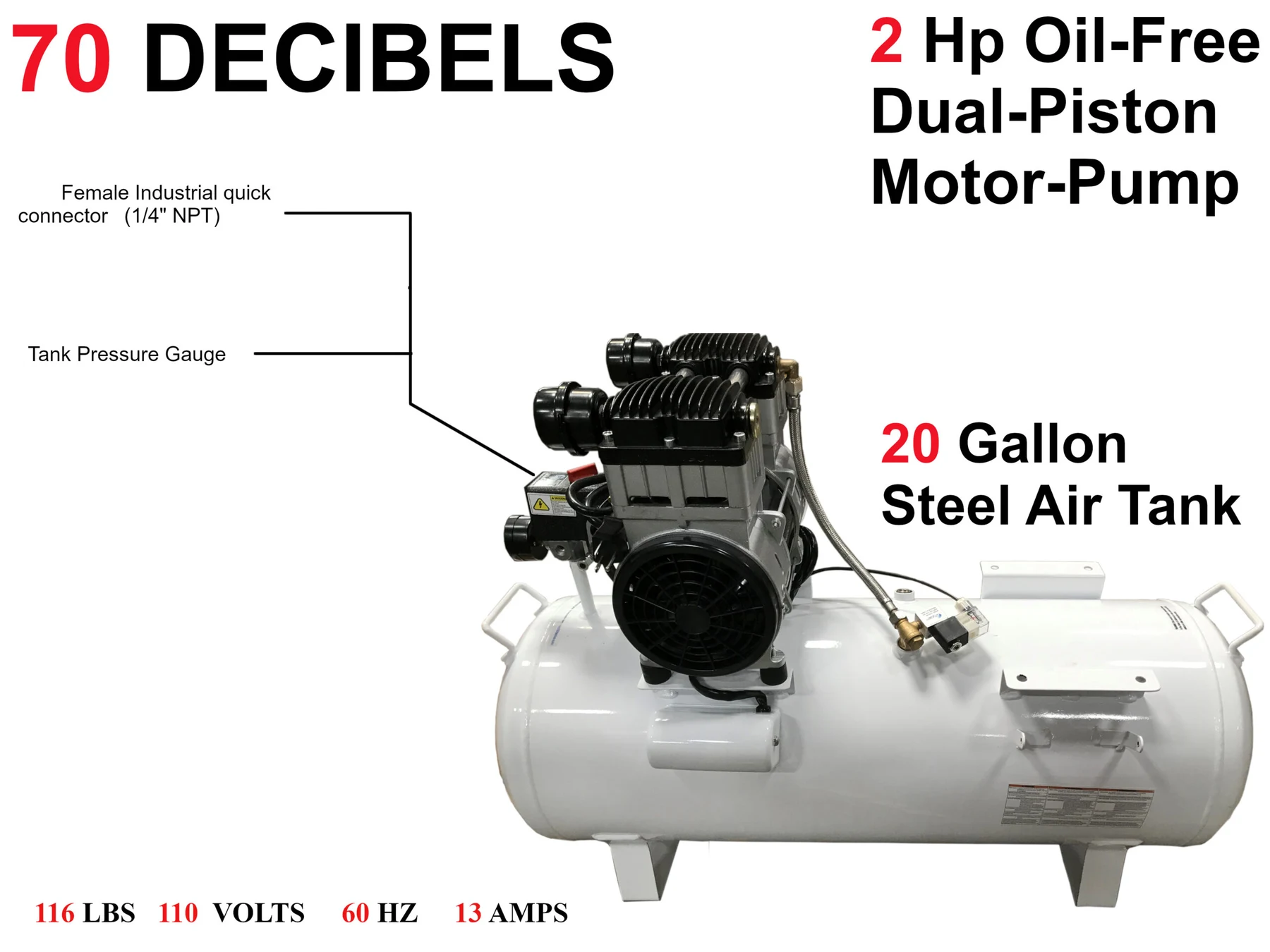 CALIFORNIA AIR TOOLS 20020CTR Ultra Quiet 70 dB, Powerful 2.0 Hp 20-Gallon Horizontal Oil-Free Air Compressor (110v 60hz) 16