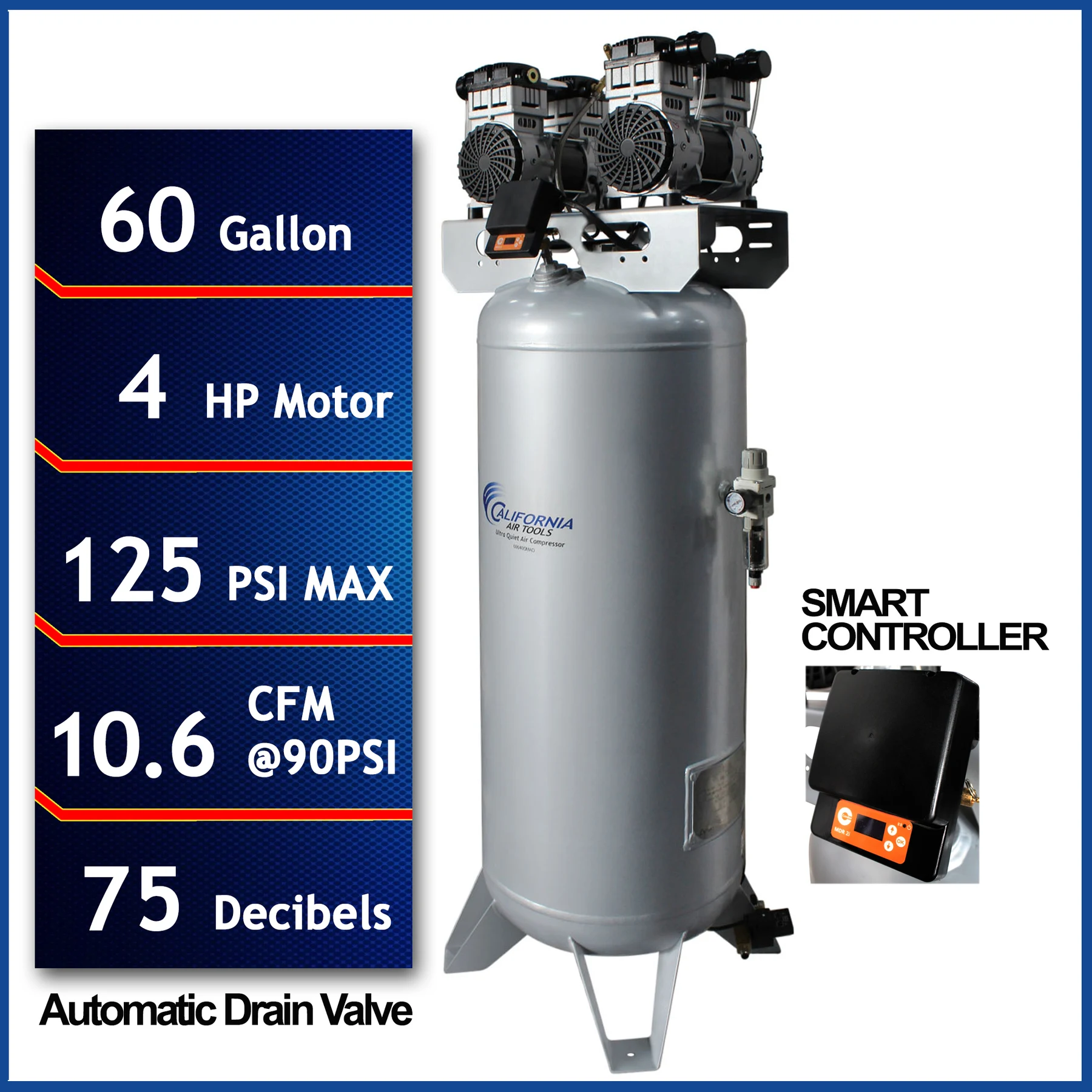 CALIFORNIA AIR TOOLS 60040SMAD Powerful 4.0 Hp SMART Ultra Quiet & Oil-Free 60 Gallon ASME Stationary Air Compressor with Automatic Drain Valve