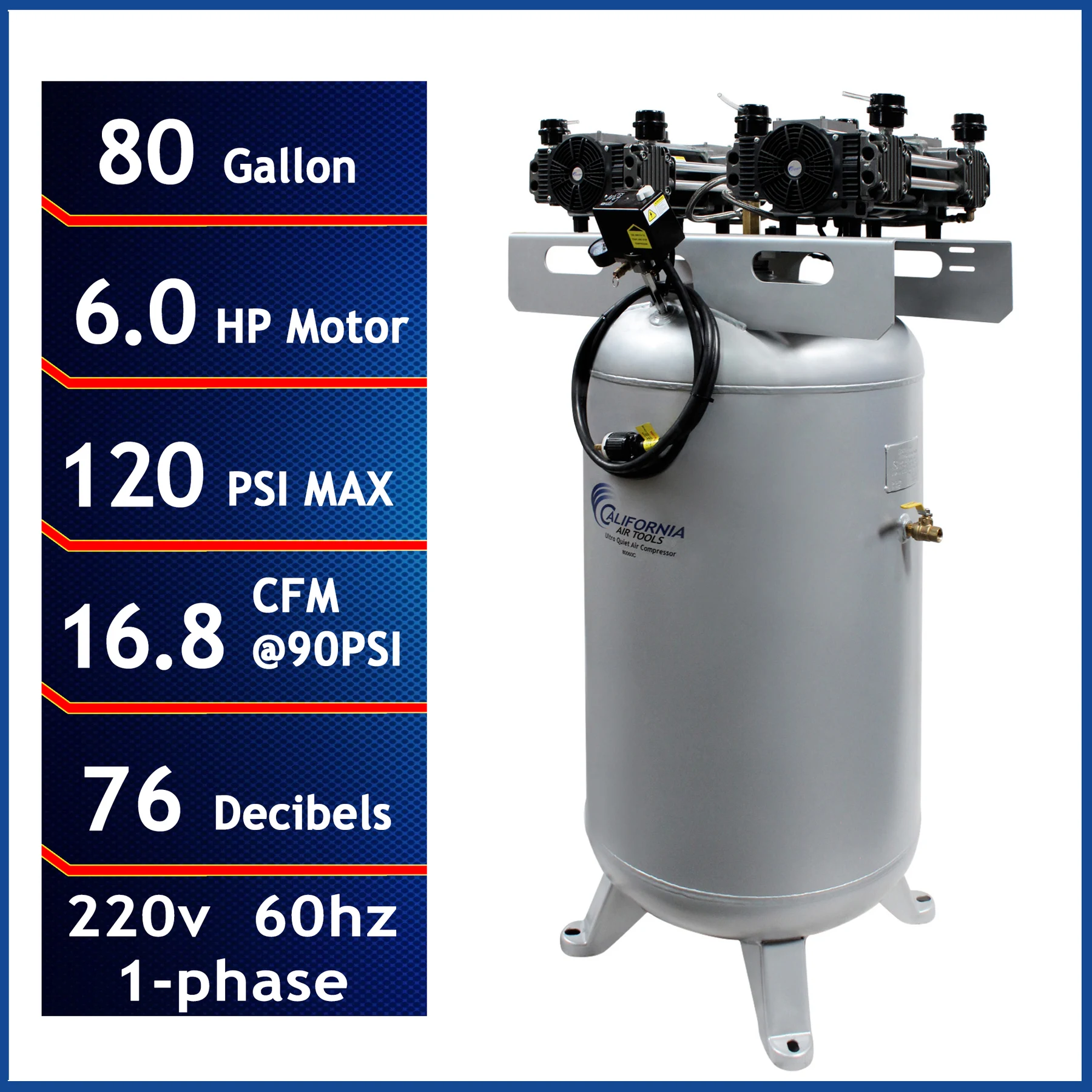 CALIFORNIA AIR TOOLS 80060C Powerful 6.0 Hp Ultra Quiet & Oil-Free 80 Gallon Stationary Air Compressor