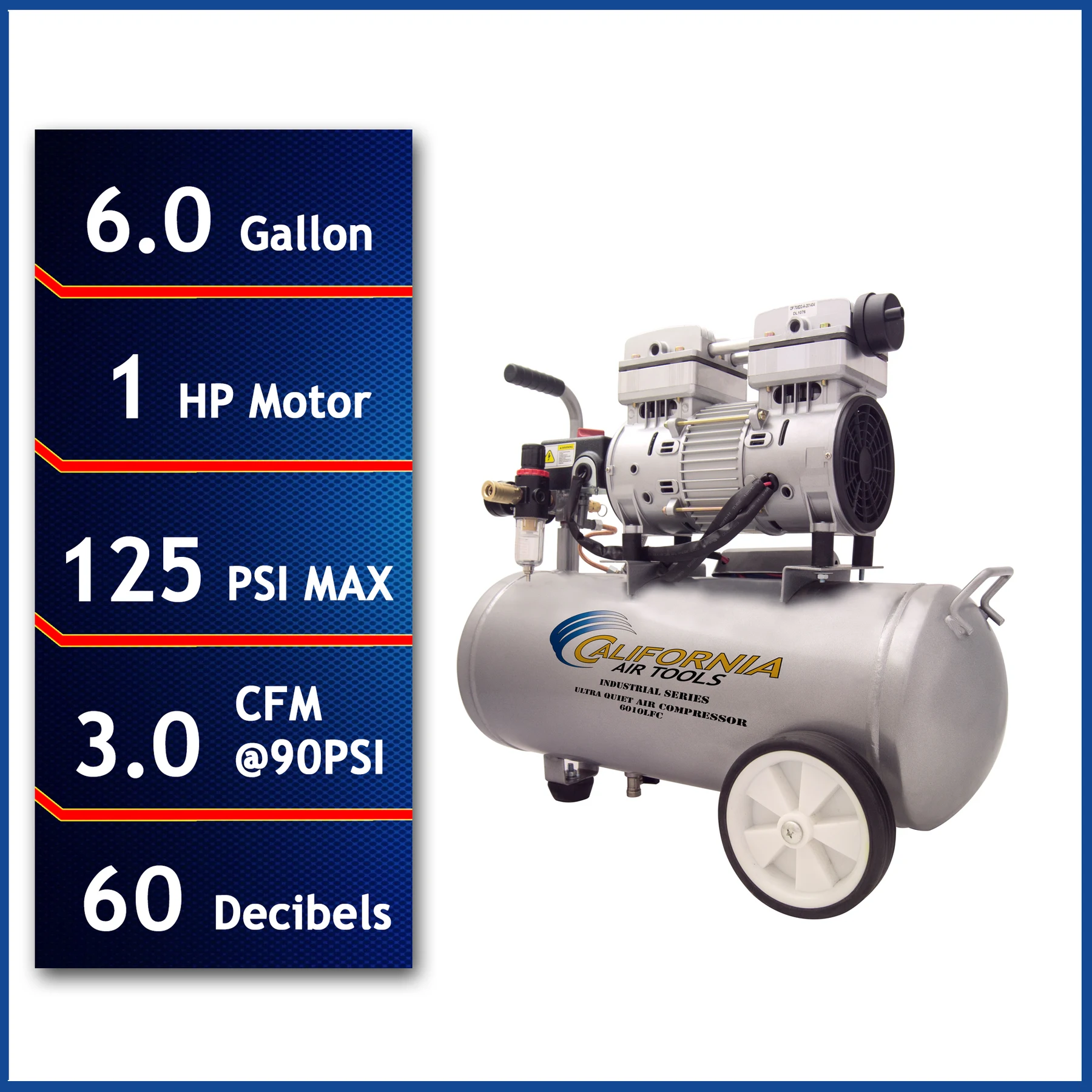 CALIFORNIA AIR TOOLS 6010LFC Ultra Quiet 1.0 Hp, Oil-Free, Lightweight 6-Gallon Air Compressor (Industrial Series)