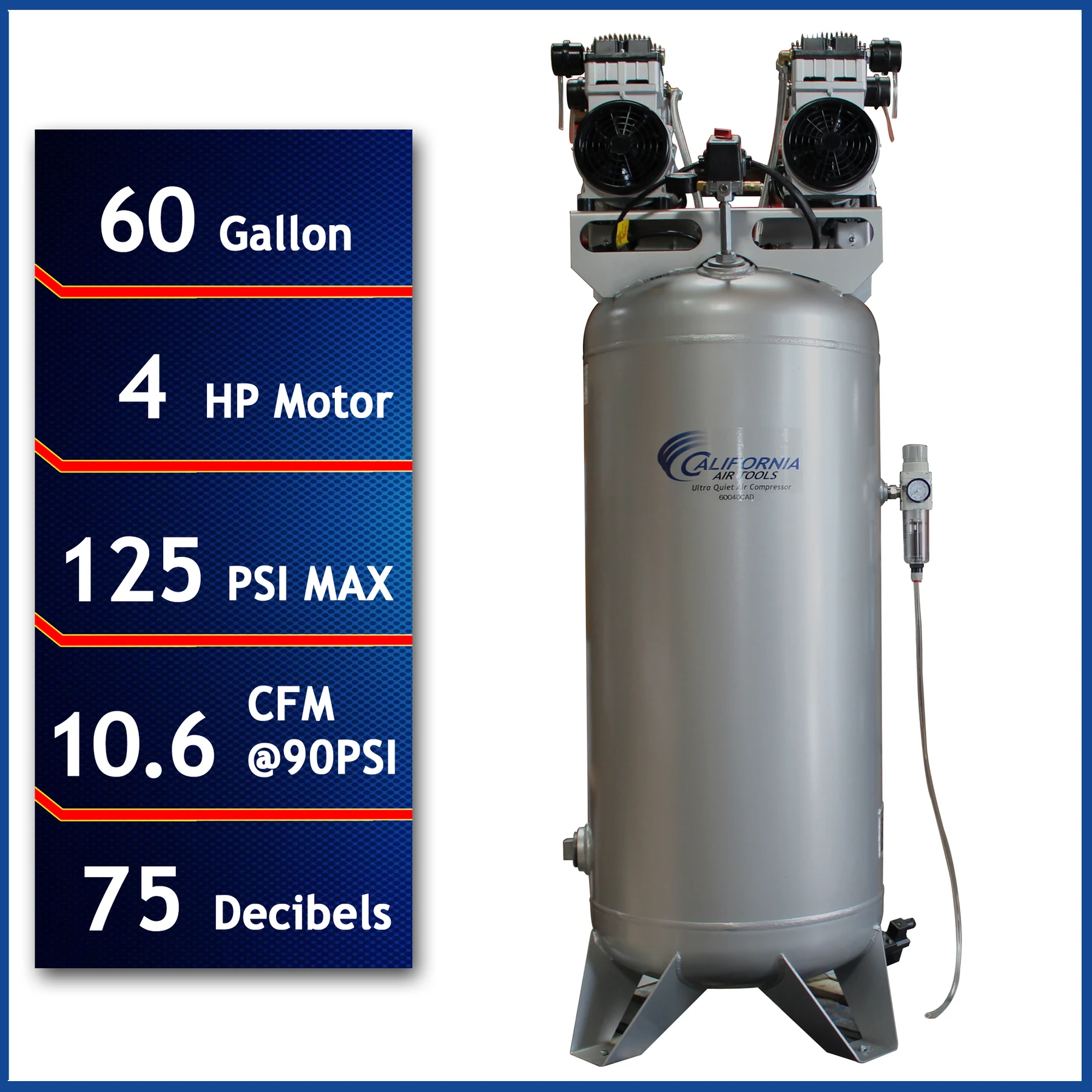 CALIFORNIA AIR TOOLS 60040CAD Powerful 4.0 Hp Ultra Quiet & Oil-Free 60 Gallon ASME Stationary Air Compressor with Automatic Drain Valve