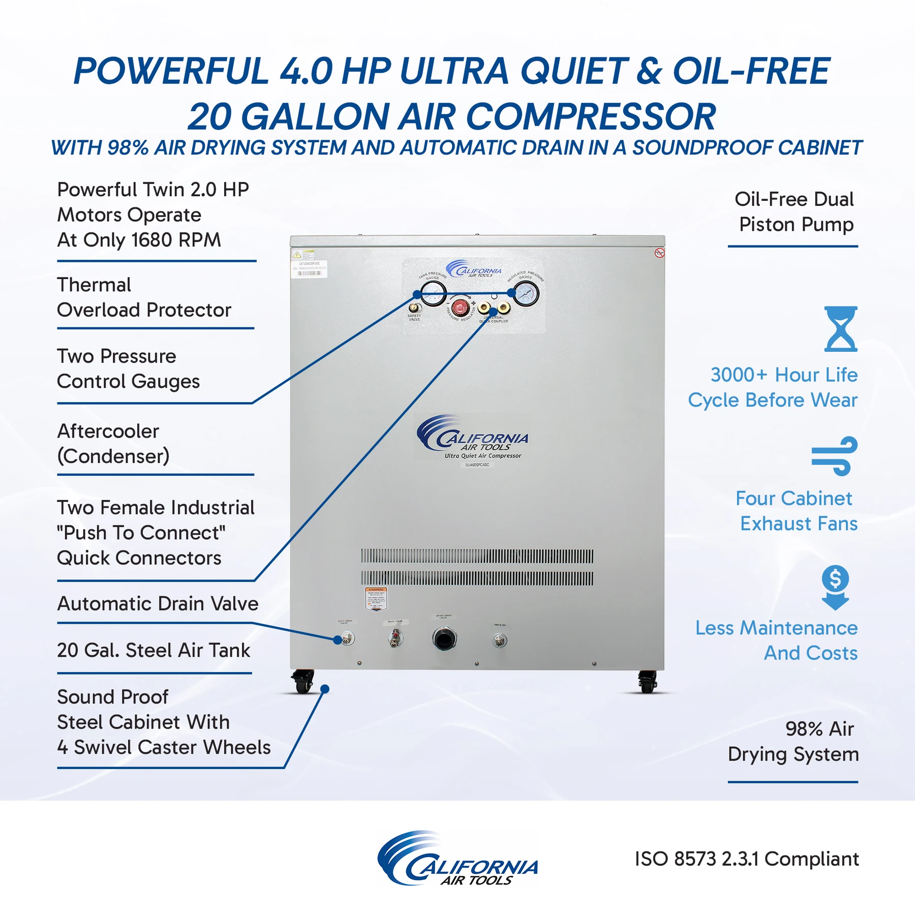 CALIFORNIA AIR TOOLS 20040DSPCADC Powerful 4.0 Hp Ultra Quiet & Oil-Free Air Compressor with 98% Air Drying System and Automatic Drain in a Soundproof Cabinet 25