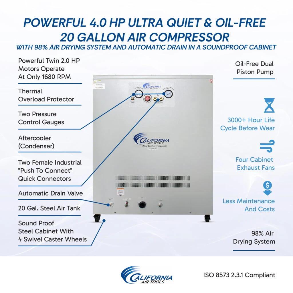 CALIFORNIA AIR TOOLS 20040DSPCADC Powerful 4.0 Hp Ultra Quiet & Oil-Free Air Compressor with 98% Air Drying System and Automatic Drain in a Soundproof Cabinet