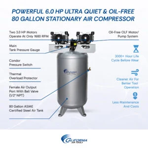 CALIFORNIA AIR TOOLS 80060C Powerful 6.0 Hp Ultra Quiet & Oil-Free 80 Gallon Stationary Air Compressor