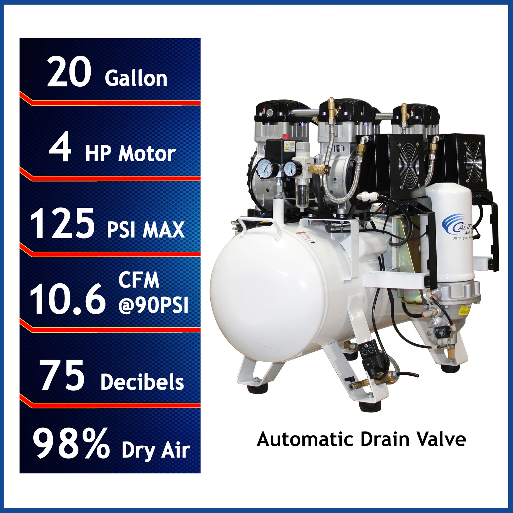 CALIFORNIA AIR TOOLS 20040DCADC Powerful 4.0 Hp Ultra Quiet, Ultra Dry & Oil-Free 20 Gallon Air Compressor with 98% Air Drying System and Automatic Drain Valve