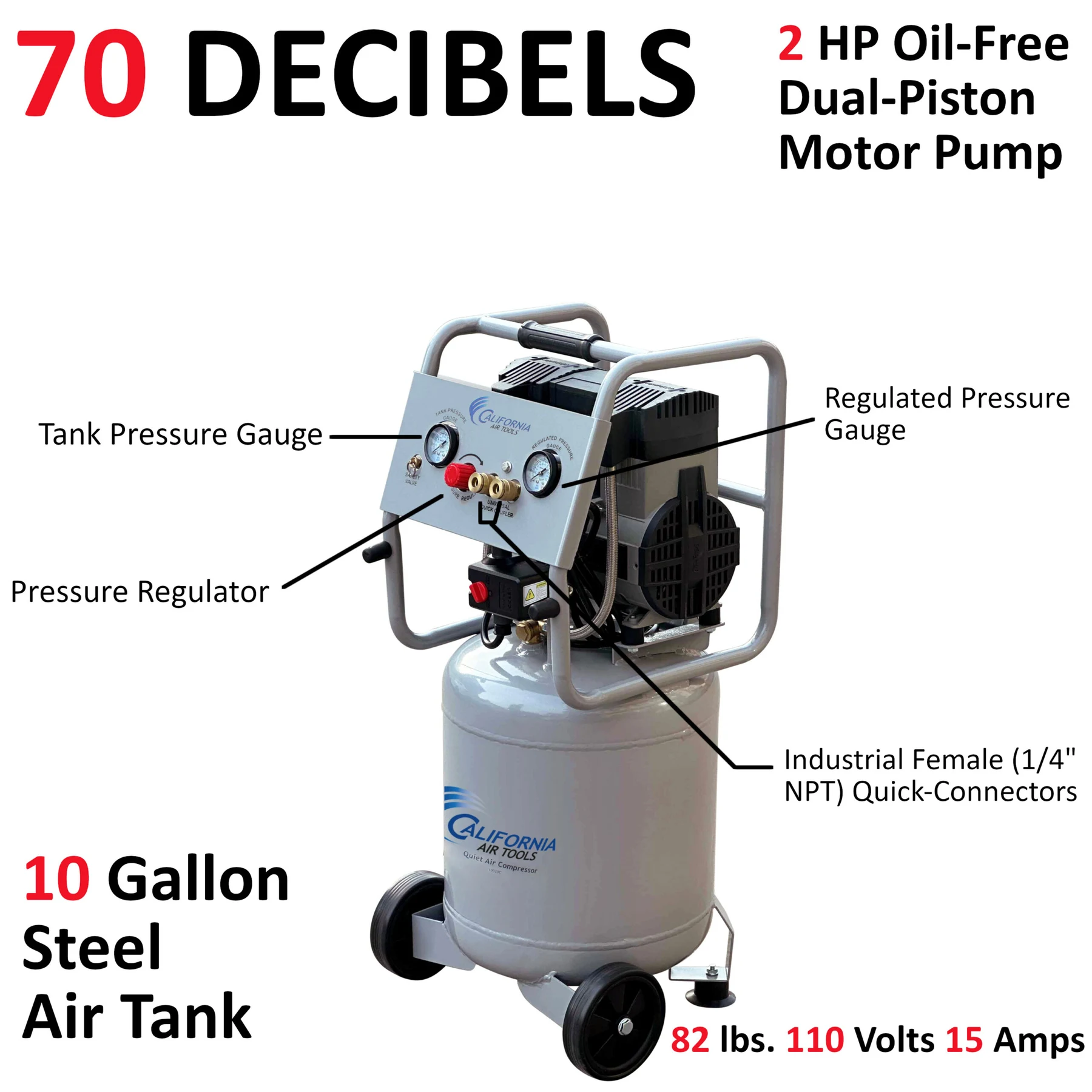CALIFORNIA AIR TOOLS 10020C Ultra Quiet Oil-Free Powerful 2.0 Hp 10 Gallon Air Compressor 16