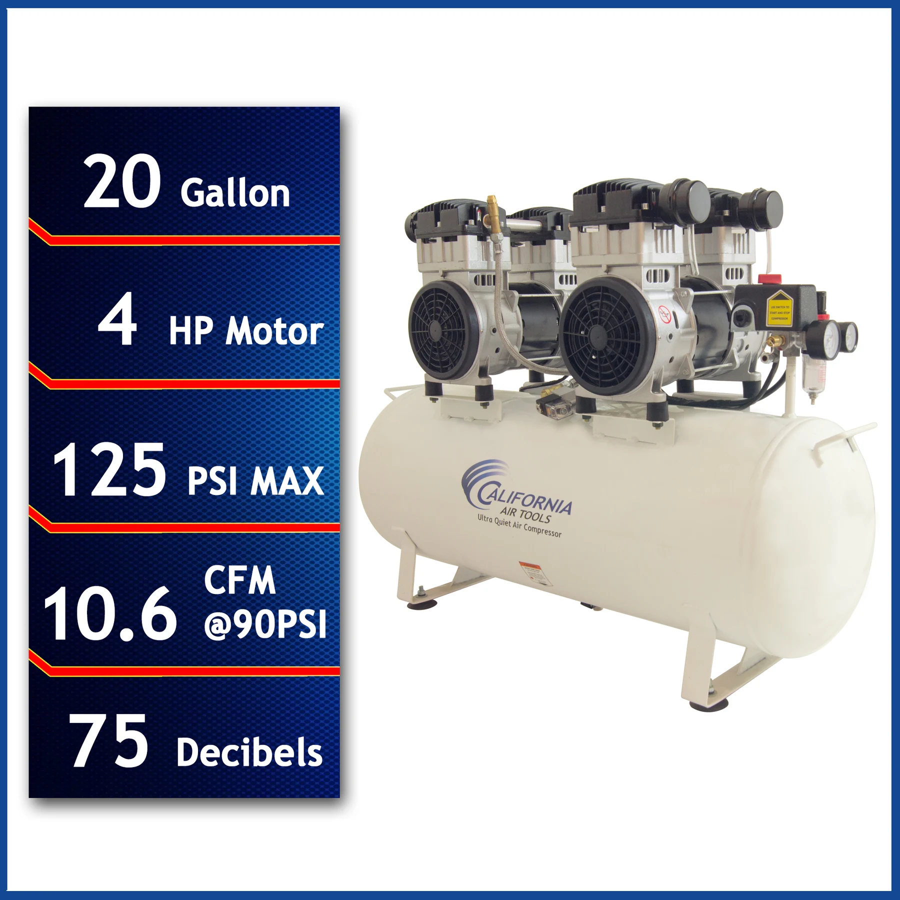 CALIFORNIA AIR TOOLS 20040CAD Powerful 4.0 Hp Ultra Quiet & Oil-Free 20 Gallon Air Compressor , with Automatic Drain Valve