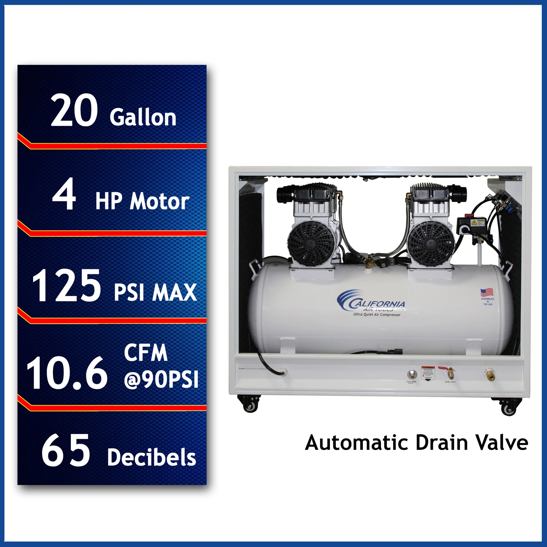CALIFORNIA AIR TOOLS 20040DSPCAD Powerful 4.0 Hp Ultra Quiet & Oil-Free 20 Gallon Air Compressor with 80% Air Drying System and Automatic Drain in a Soundproof Cabinet