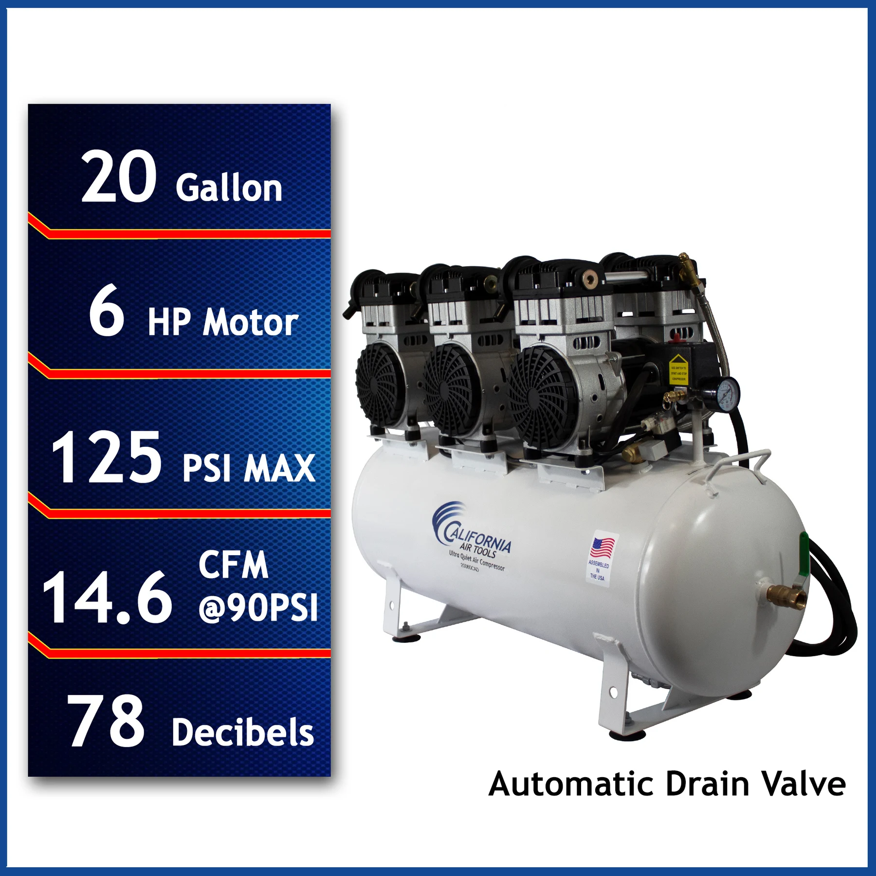 CALIFORNIA AIR TOOLS 20060CAD Powerful 6.0 Hp Ultra Quiet & Oil-Free 20 Gallon Air Compressor with Automatic Drain Valve